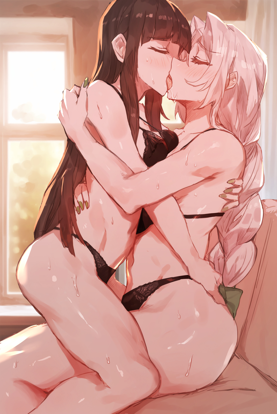 2girls black_bra black_hair black_panties blush bra closed_eyes couch eirin_yagokoro french_kiss highres hime_cut houraisan_kaguya hug kaguya_houraisan kissing lingerie long_hair mature_female milf multiple_girls on_couch panties senmura sweat tongue touhou underwear white_hair yagokoro_eirin yuri