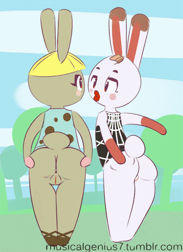 animal_crossing animated anthro ass ass_grab blush bonbon_(animal_crossing) bottomless clothing duo eye_contact female furry hair lagomorph lips mammal musikalgenius nintendo presenting presenting_hindquarters pussy rabbit shirt slapping tiffany_(animal_crossing) tree video_games