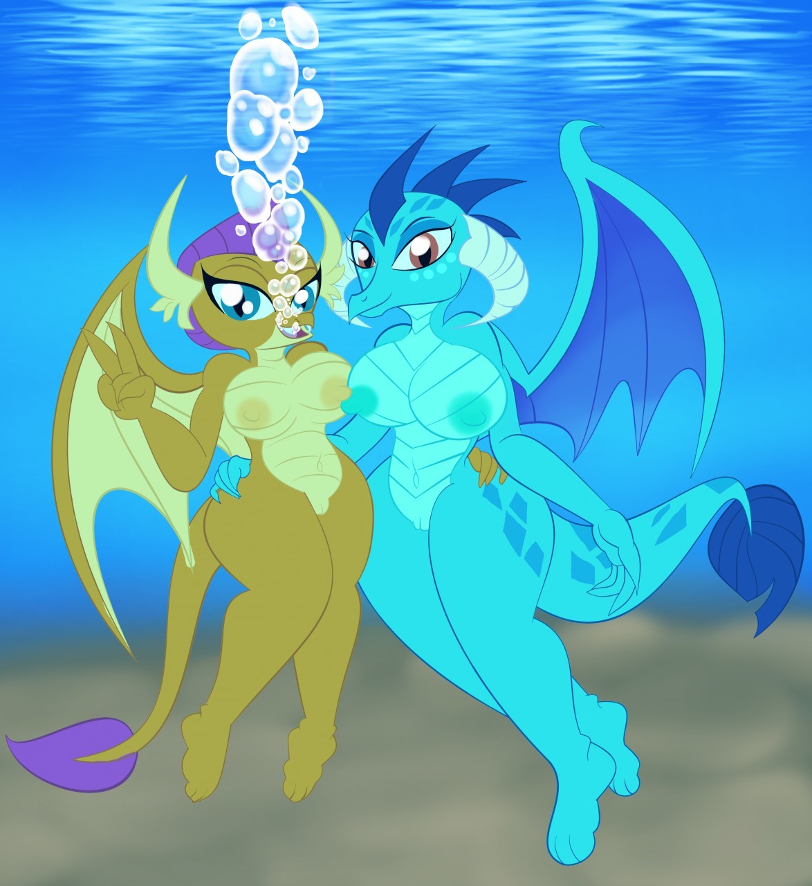 2girls air_bubble anthro breasts bubble busty dragon dragoness duo female friendship_is_magic furaffinity hasbro my_little_pony nipples non-mammal_breasts nudity princess_ember_(mlp) smolder_(mlp) the1stmoyatia underwater