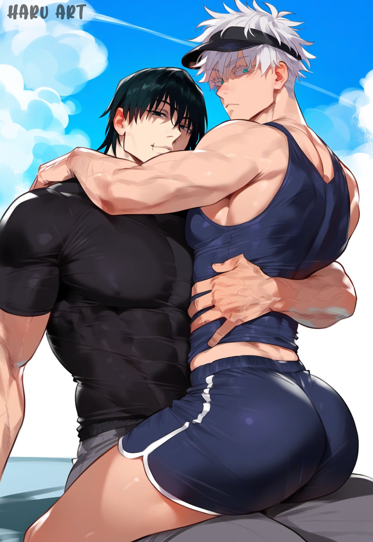 2boys ai_generated ass bara big_ass big_butt gay groping haruartx jujutsu_kaisen male male/male male_only questionable_consent riding satoru_gojo tight_clothing toji_fushiguro yaoi