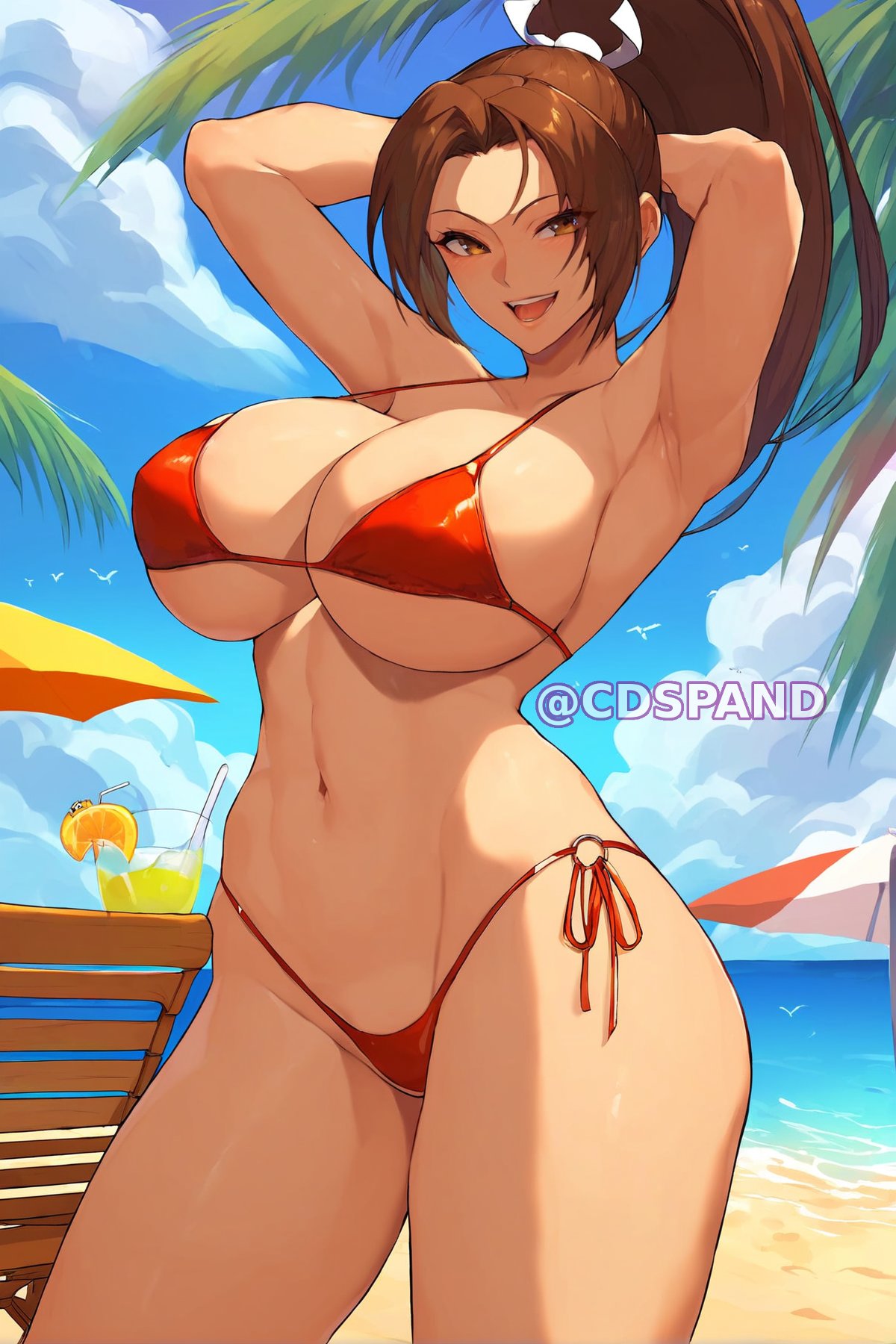 1girls ai_generated beach big_breasts bikini bikini_top brown_eyes brown_hair chair clothed clouds drink female hair hands_on_head king_of_fighters light-skinned_female light_skin long_hair mai_shiranui plant red_bikini sand sea seaside thick_thighs thighs tree water