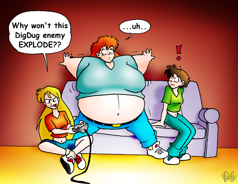 2000s 3girl 3girls andrew_dobson belly_button big_breasts blonde_female blonde_hair blonde_hair_female blue_pants blue_shorts blue_trousers brown_hair brown_hair_female cattyn couch cyan_shirt dig_dug exclamation_mark ginger ginger_female ginger_hair green_shirt inflated_belly inflation inflation_fetish inflation_girl long_blonde_hair long_hair midriff navel oc original_characters red_shirt red_shoes short_brown_hair short_hair shorts sofa speech speech_balloon speech_bubble speech_bubbles video_game video_game_controller video_game_franchise video_game_mechanics video_game_reference video_games white_shoes