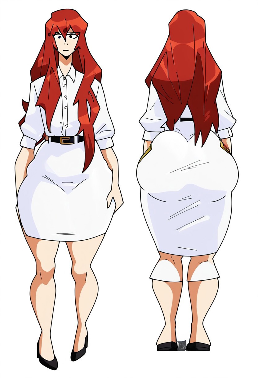 1girls back_view bottom_heavy caked_up clumsy fat_ass front_view hourglass_figure huge_ass office_lady pawg plump_ass red_hair red_head white_dress