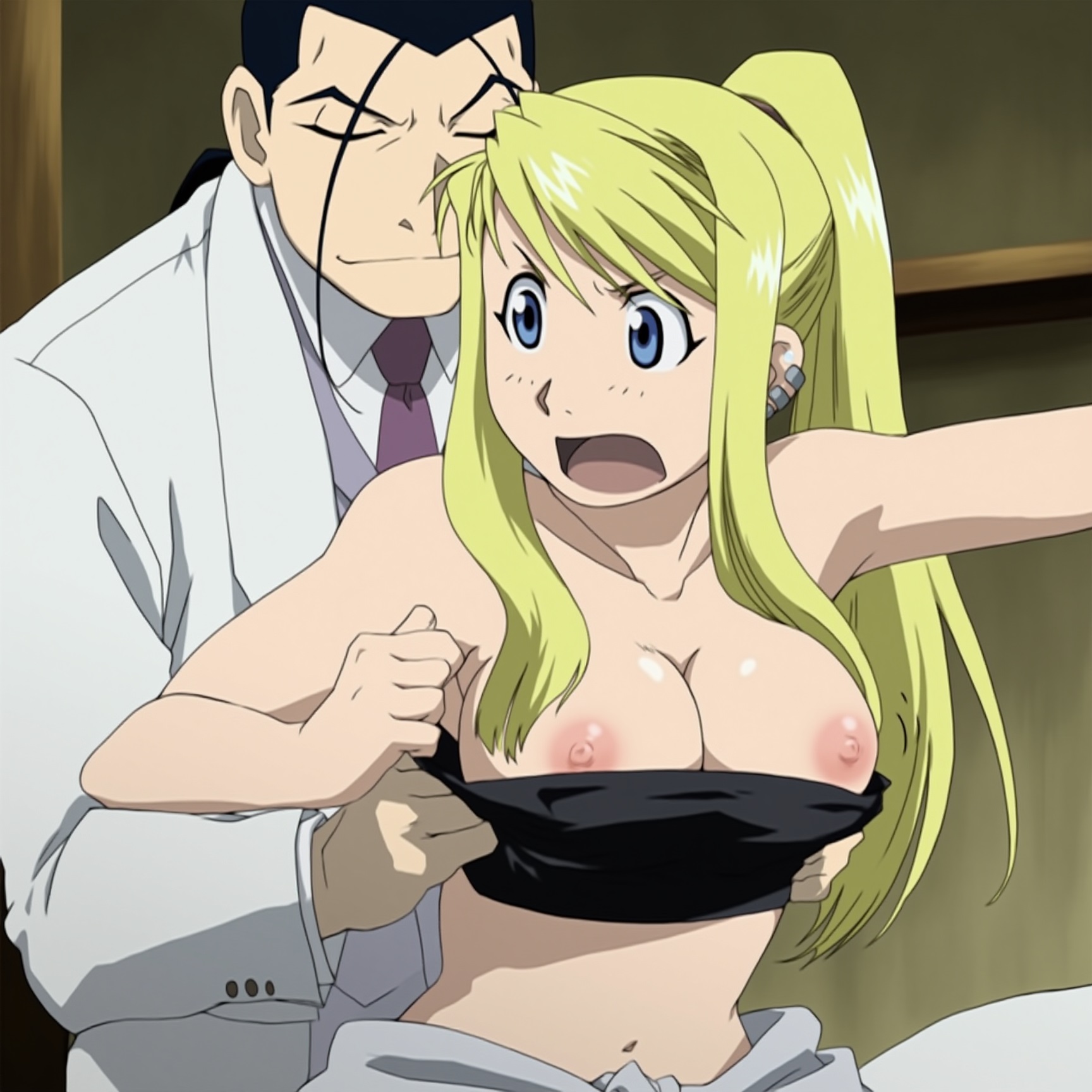 1boy, 1girls, abasta, ai generated, blonde female, blonde hair, blue eyes, breasts, collarbone, exposed breasts, female, fullmetal alchemist, grinning, male, nipples, solf j kimblee, surprised, undressing, winry rockbell