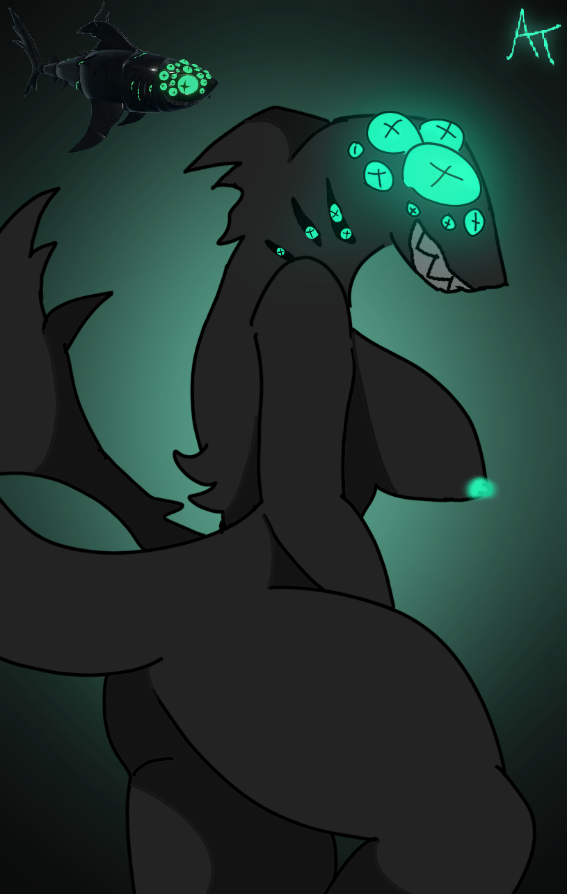 1girls, anthro, artist request, artist signature, at.scribble, black body, eyefestation (pressure), female, furry, glowing eyes, multi eye, pressure (roblox), reference image, roblox, roblox game, shark, shark tail, sharp teeth, tagme
