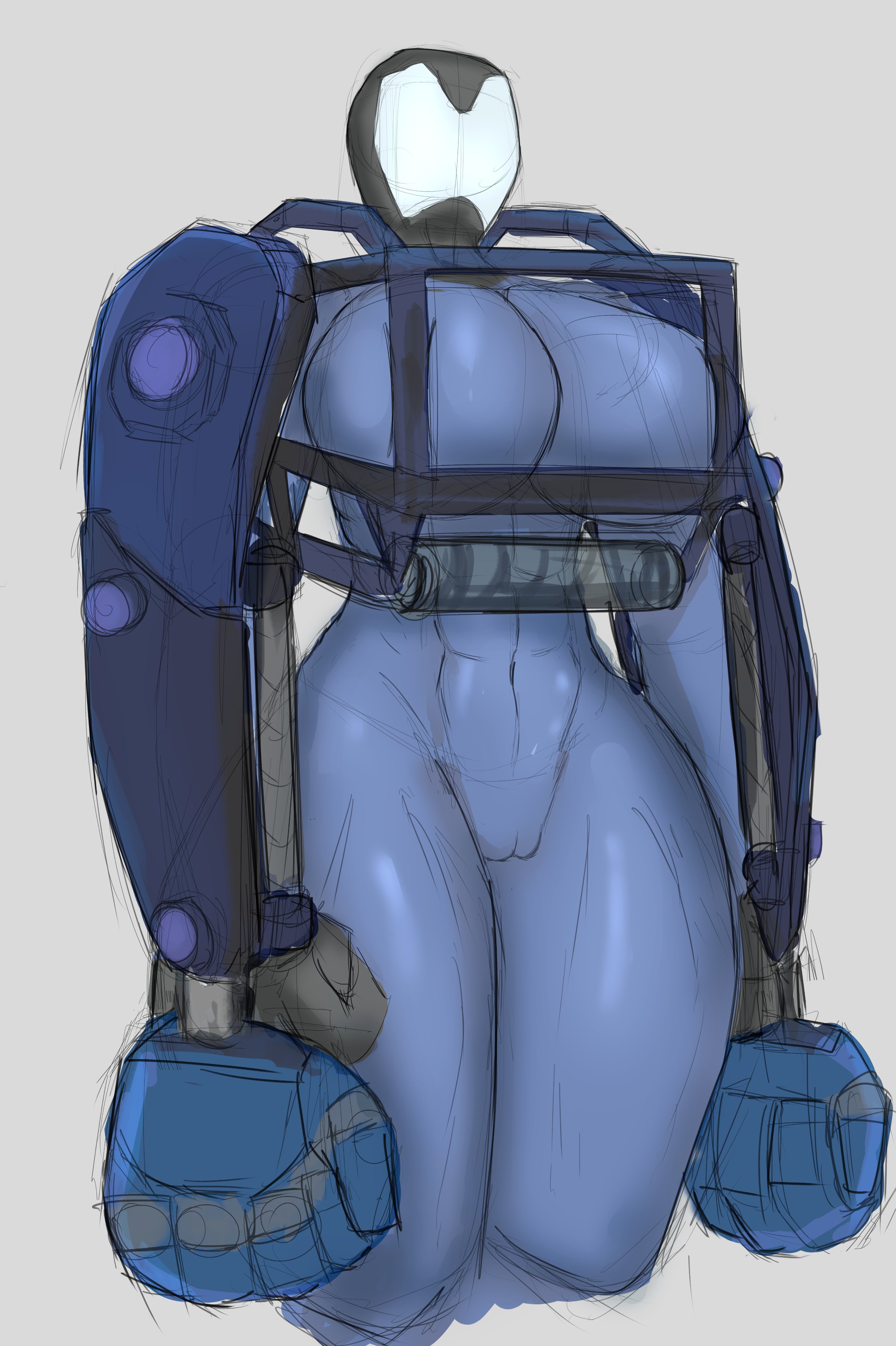 1girls, 2025, blue body, blue skin, breasts, female, female only, helmet, hi res, huge breasts, large breasts, loader (risk of rain), mrazel, muscles, muscular, muscular female, pussy, risk of rain, risk of rain 2, sketch, solo, standing, thick thighs, thighs, tomboy