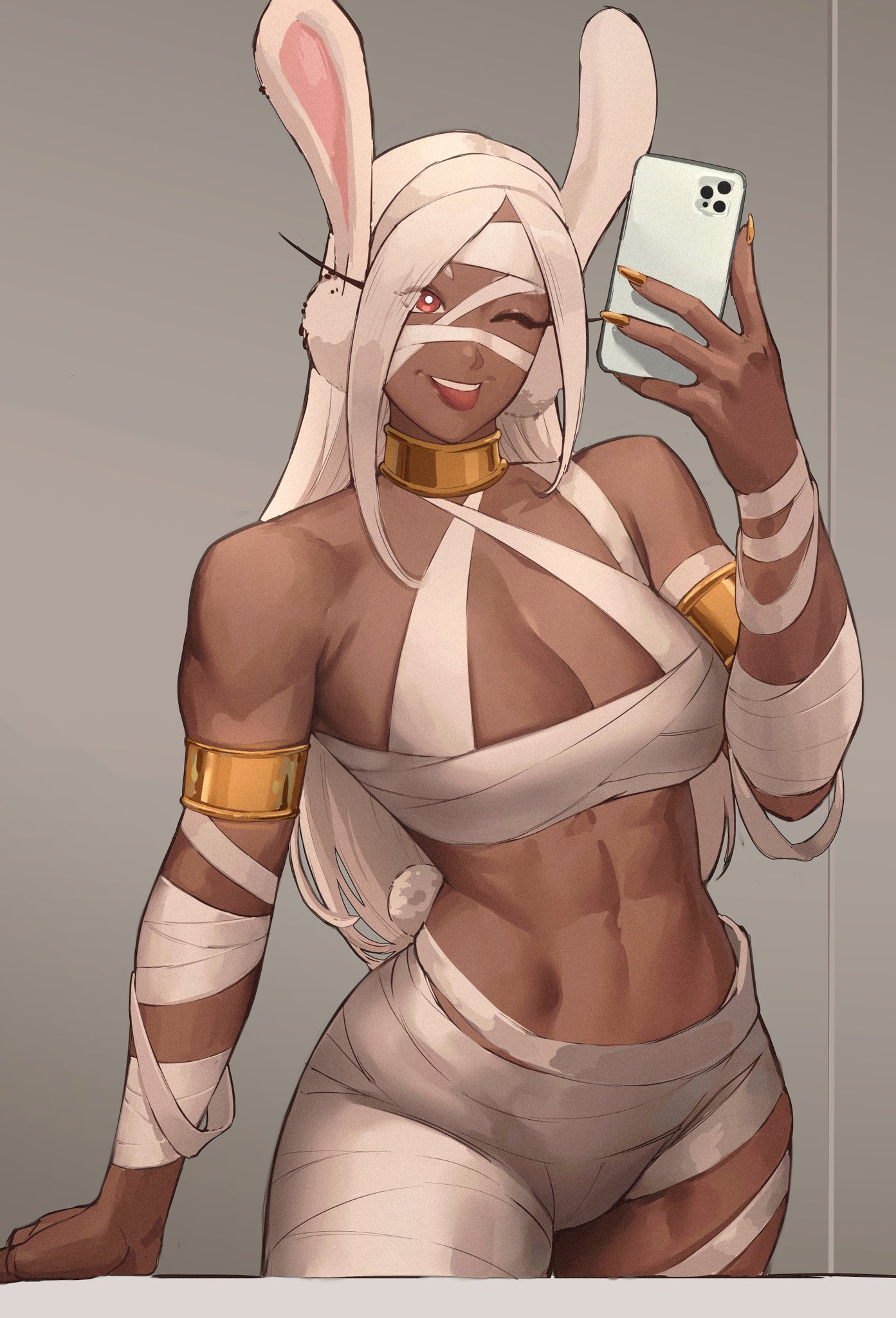 1girls, abs, athletic, athletic female, big breasts, breasts, dark skin, dark-skinned female, female, halloween, mirko, miruko, mummy costume, mummy wrappings, my hero academia, rumi usagiyama, zukululuu