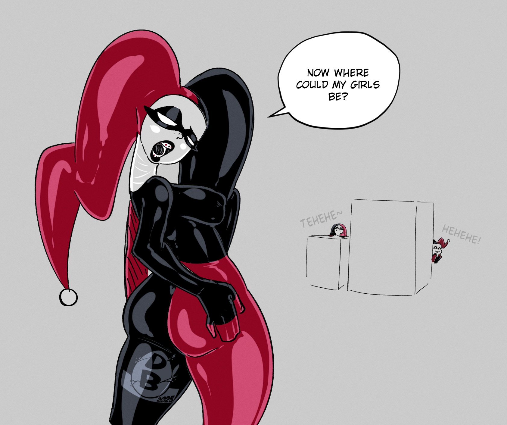 3girls, ass, ass focus, badbitchdicey, behind view, big ass, braces, clown, clown girl, dc, dc comics, diceyboi, drone, female, harley quinn, harley quinn (classic), jester, latex, quinnification, rubber, shiny ass, shiny skin
