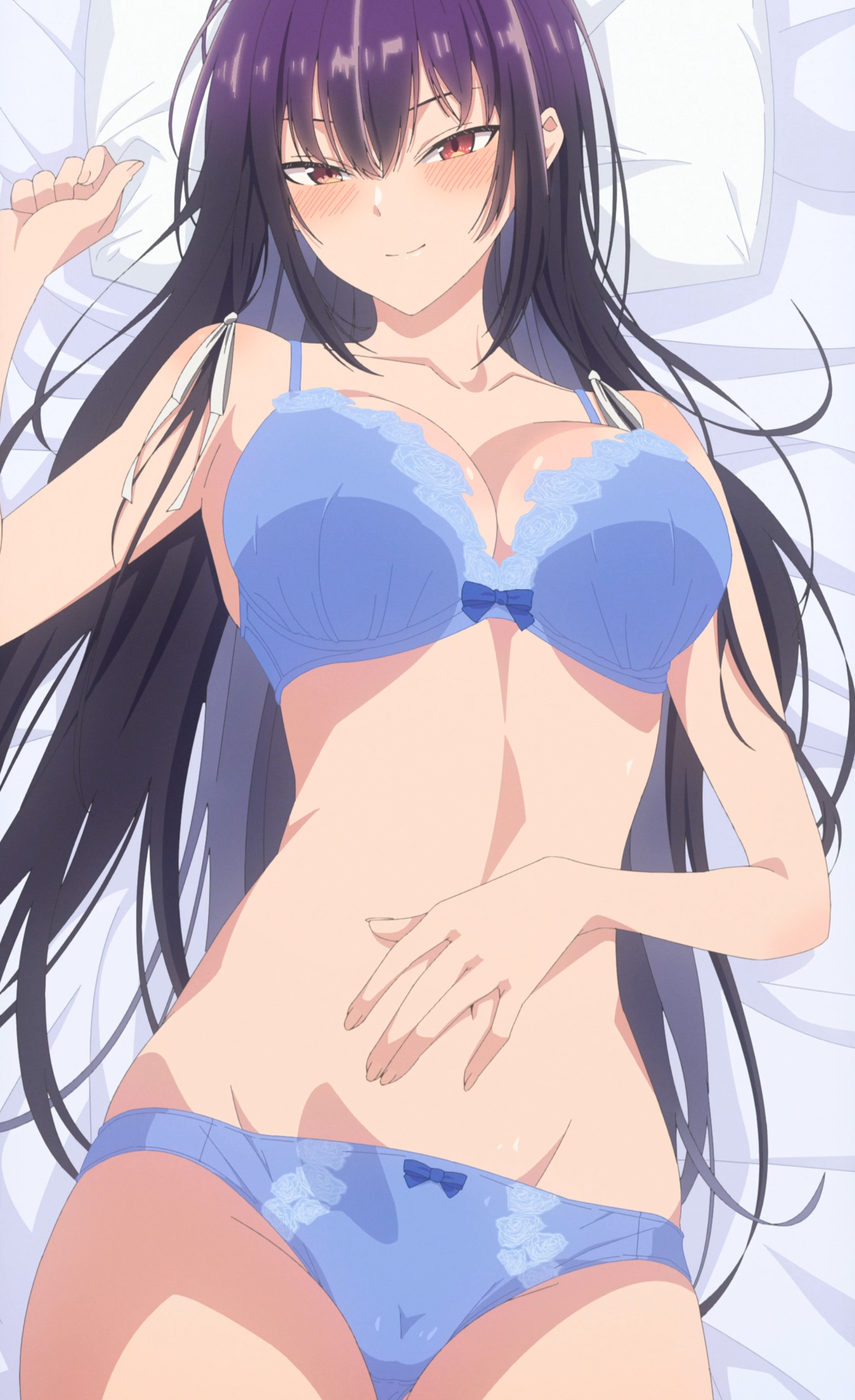 anime, blue lingerie, blue underwear, blush, haitekudasai takamine-san, lace bra, laying on bed, lingerie, looking at viewer, official art, purple hair, red eyes, screencap, screenshot, shiny skin, stitched, takamine takane, underwear, very long hair
