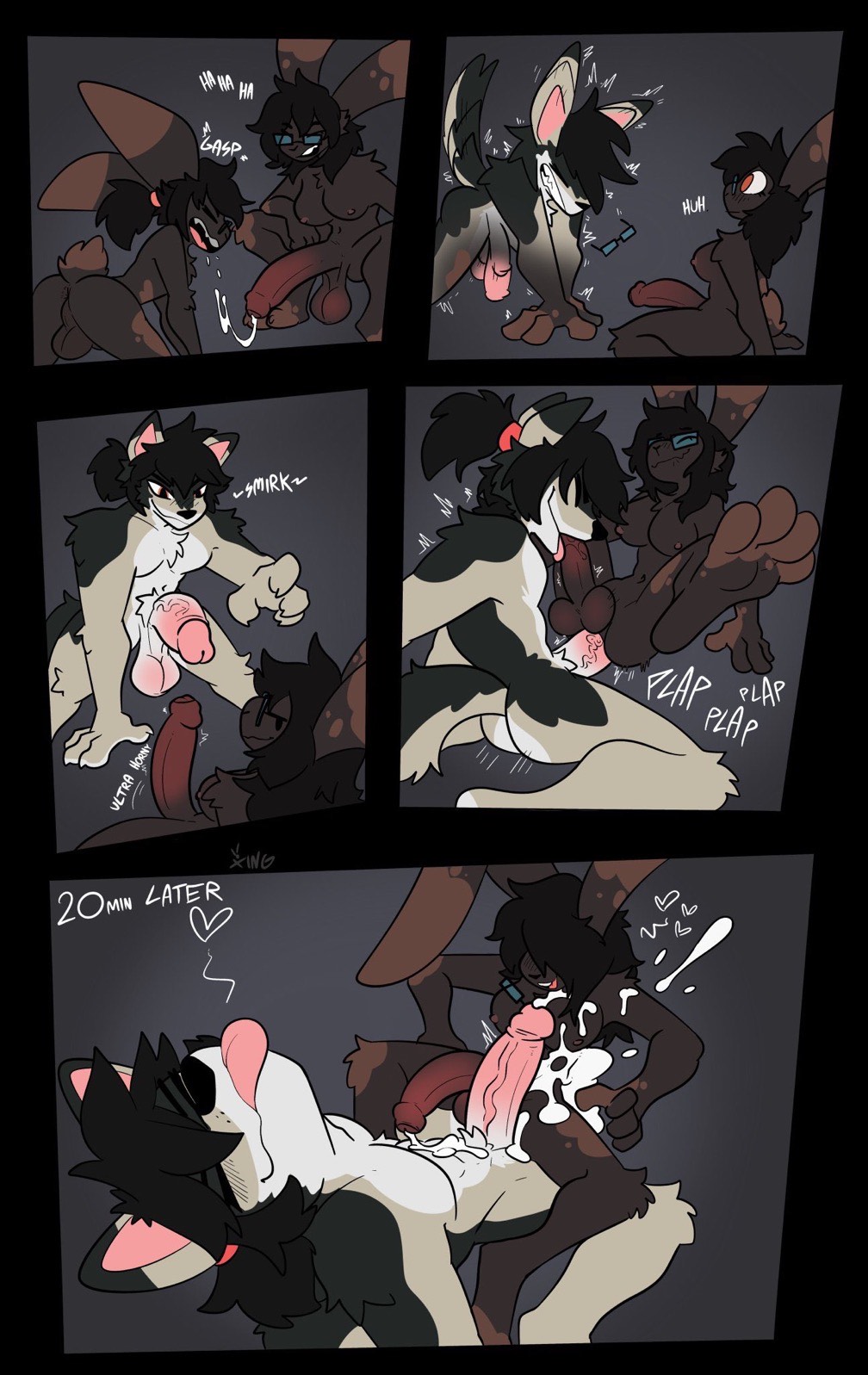 5_panel_comic after_oral anal anal_sex anthro anthro_on_anthro anthro_penetrated anthro_penetrating anthro_penetrating_anthro anus ass athletic athletic_anthro athletic_male balls big_penis black_body black_fur black_hair blep breasts canid canine canis closed_eyes domestic_dog dot_eyes duo erection eyewear eyewear_only foreskin fur futanari genitals glasses glasses_only grey_background gynomorph gynomorph/male gynomorph_penetrated hair hi_res huge_cock humanoid_genitalia humanoid_penis intersex intersex/male intersex_penetrated looking_pleasured male male_penetrating male_penetrating_gynomorph male_penetrating_intersex mammal muscle_tone nude pecs penetration penile penile_penetration penis penis_in_ass perineum selfcest sex simple_background simple_eyes square_crossover tan_body tan_fur tongue tongue_out transformation uncircumcised vein veiny_penis wearing_glasses white_body white_fur wide_eyed xing1