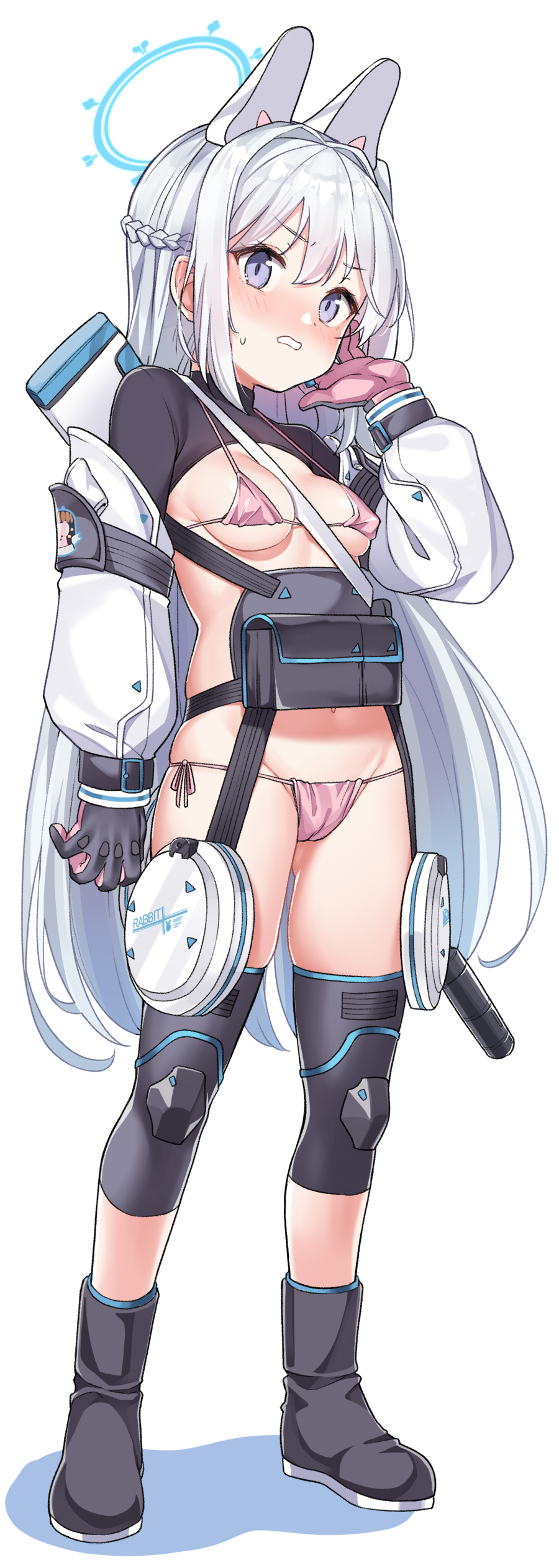 bikini blue_archive blush blushing cameltoe halo konnyaku_(kk-monmon) long_hair miyako_(blue_archive) nipples_visible_through_clothing rabbit_squad_(blue_archive) white_background white_hair