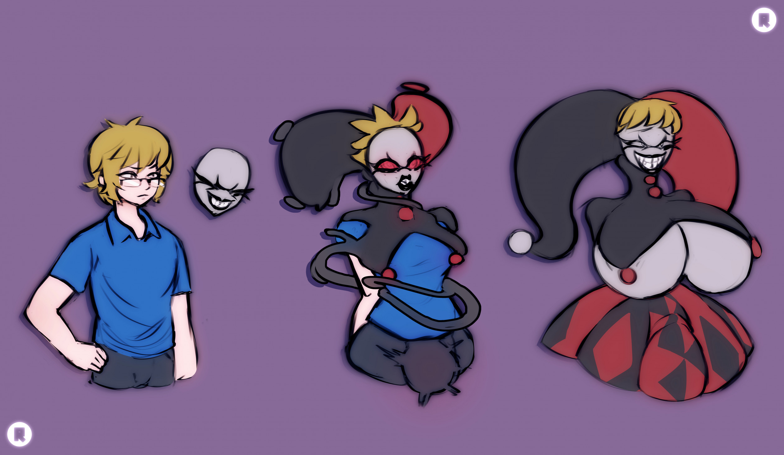 ass expansion, breasts, corruption, dc, dc comics, english text, female, gender transformation, harlequin, harley quinn, harley quinn (classic), harleyfication, huge breasts, jester, jester hat, latex, latex bodysuit, latex suit, latex transformation, mtf transformation, quinnification, rabinov, superhero, text, transformation