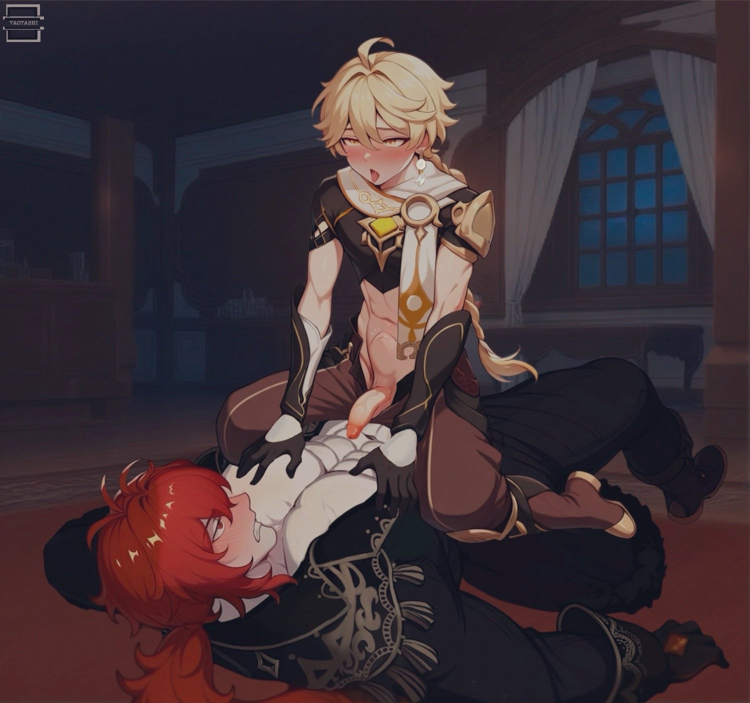 2boys, abs, aether (genshin impact), ahe gao, ahoge, ai assisted, ai generated, anal, balls, bangs, big dom small sub, black gloves, blonde hair, blush, boots, braid, clenched teeth, clothed sex, cowgirl position, diluc (genshin impact), earrings, erection, female, femboy, genshin impact, gloves, hair between eyes, indoors, jacket, jewelry, long hair, lying, male, male focus, multiple boys, multiple males, navel, on back, open mouth, pants, penis, ponytail, pubic hair, red eyes, red hair, rolling eyes, scarf, sex, single braid, size difference, straddling, strangling, teeth, testicles, toned, toned male, tongue, tongue out, uncensored, watermark, white scarf, window, yaoi, yaotashi, yellow eyes