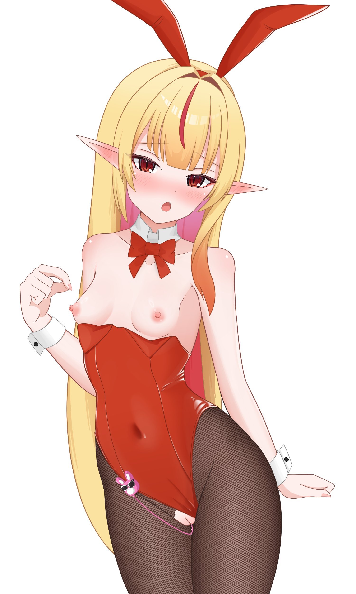 (idol, 1girls, blonde hair, breasts, bunnysuit, corp) idol corp, dsuzu, elf ears, elf female, elf girl, eternals, female, female focus, female only, front view, hag, hair, idol corp, idol es, light skinlight-skinned female, long hair, necromancer, nude, nude female, pointy ears, red, red eyes, ruby runeheart, small breasts, solo, solo focus, two-tone hair, virtual youtuber, vtuber, witch