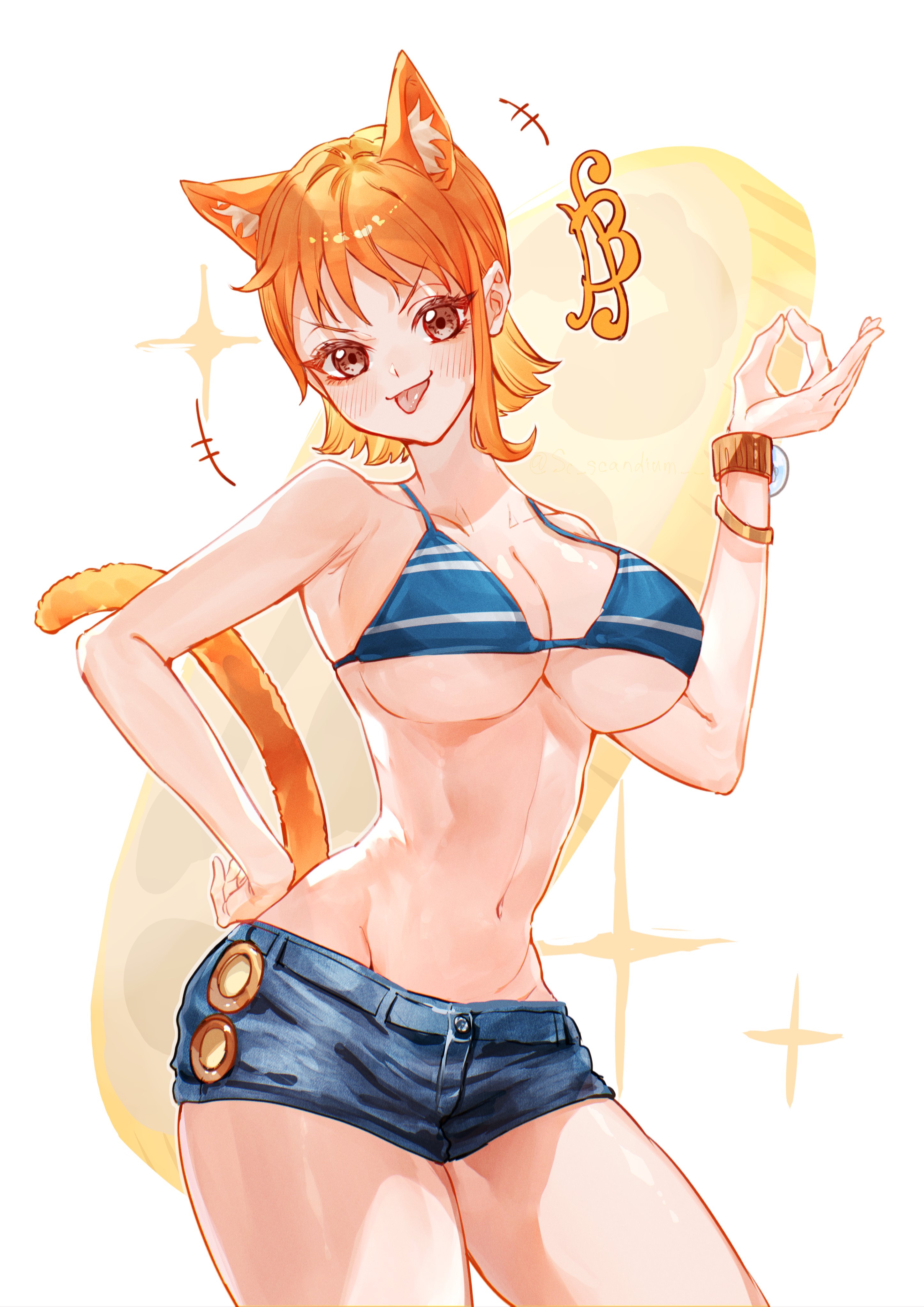 1girls, animal ears, bare stomach, big breasts, bikini, bikini top, blush, breasts, brown eyes, cat ears, cat girl, cat tail, catgirl, cleavage, clothing, collarbone, curvaceous, curvy, curvy female, curvy figure, female, female focus, female only, fit, fit female, hand on hip, jorts, kemonomimi, large breasts, looking at viewer, midriff, nami (one piece), navel, one piece, orange hair, orange-haired female, revealing clothes, sc scandium, short hair, short shorts, slim waist, solo, solo female, solo focus, tail, thick thighs, thighs, thin waist, tongue, tongue out, underboob, white background