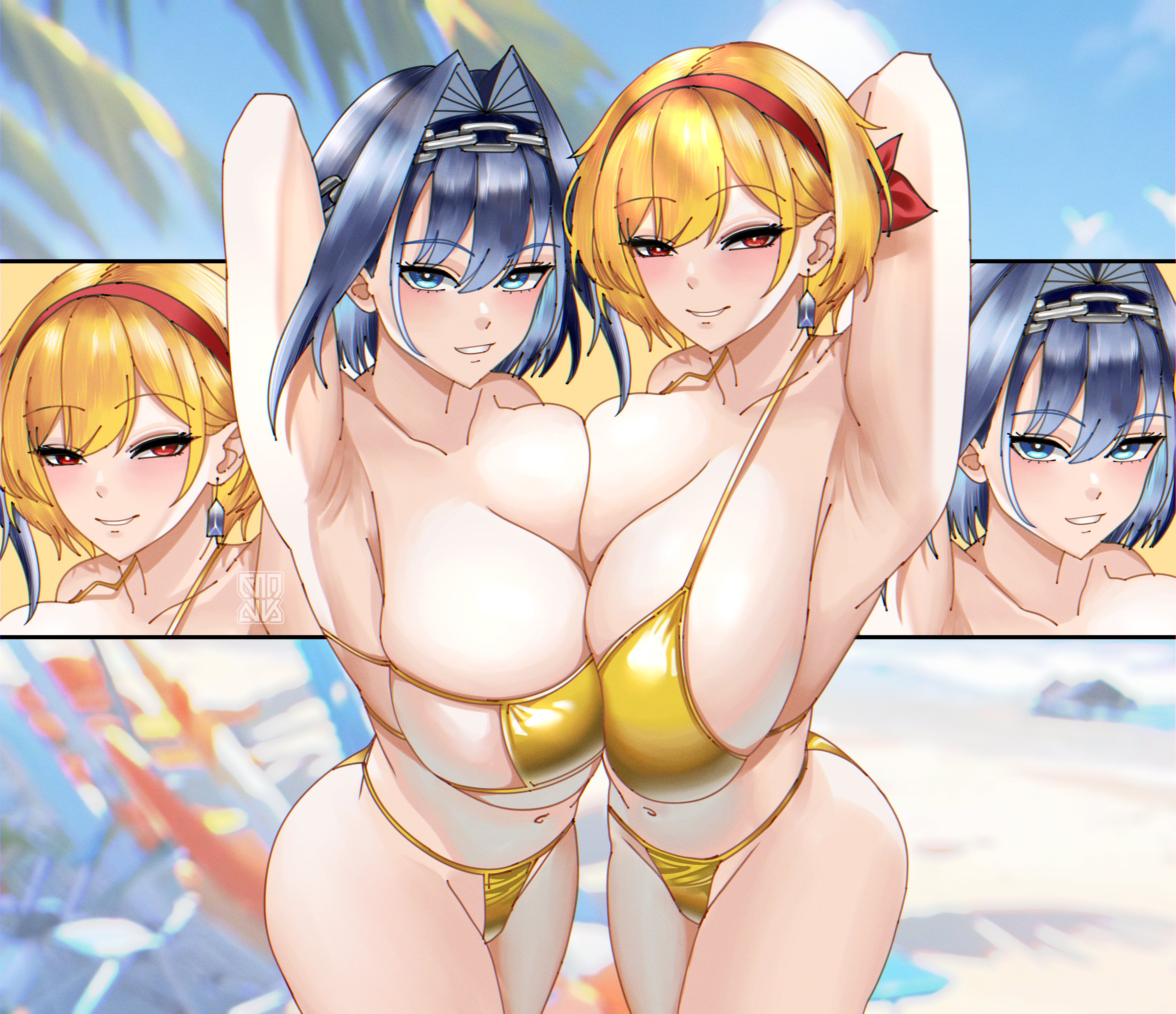 absurdres, alternate costume, armpit focus, armpits, artist request, bare shoulders, beach, bikini, blonde hair, blue eyes, blue hair, blue sky, breasts, chain headband, chains, cleavage, collarbone, day, eyepatch bikini, female, gold bikini, golden week, golden week bikini, hair intakes, hairband, halo, highres, hololive, hololive english, hololive english -council-, hololive english -promise-, hololive indonesia, hololive indonesia holoh3ro, huge breasts, kaela kovalskia, large breasts, looking at viewer, mechanical halo, medium hair, muhammaddeny, multiple females, multiple girls, navel, ocean, ouro kronii, outdoors, palm tree, presenting armpit, red eyes, red hairband, sand, satin bikini, shiny swimsuit, short hair, sky, smile, stomach, string bikini, swimsuit, tree, virtual youtuber, water