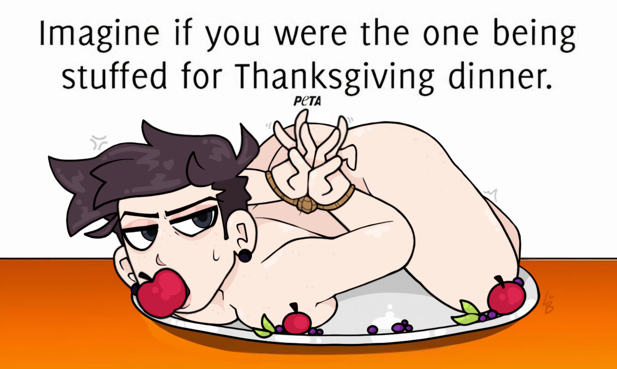 1girls, ball gag, ballgagged, bondage, english text, female, food, fully nude, gagged, lavabutts, peta, platter, reece (lavabutts), text, thanksgiving, tied up