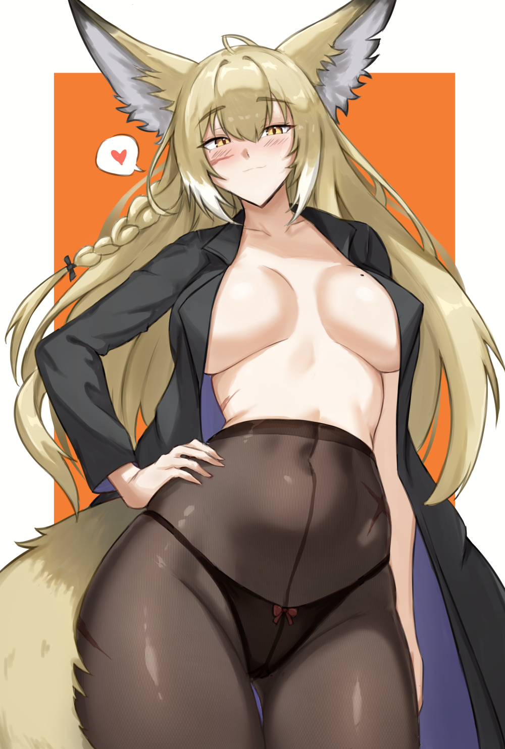 animal ears, arknights, cleavage, covered navel, fangsod, female, female only, fox ears, fox girl, fox humanoid, fox tail, kitsune, long hair, no bra, panties under pantyhose, pantyhose, shirt, tail, vulpisfoglia (arknights)