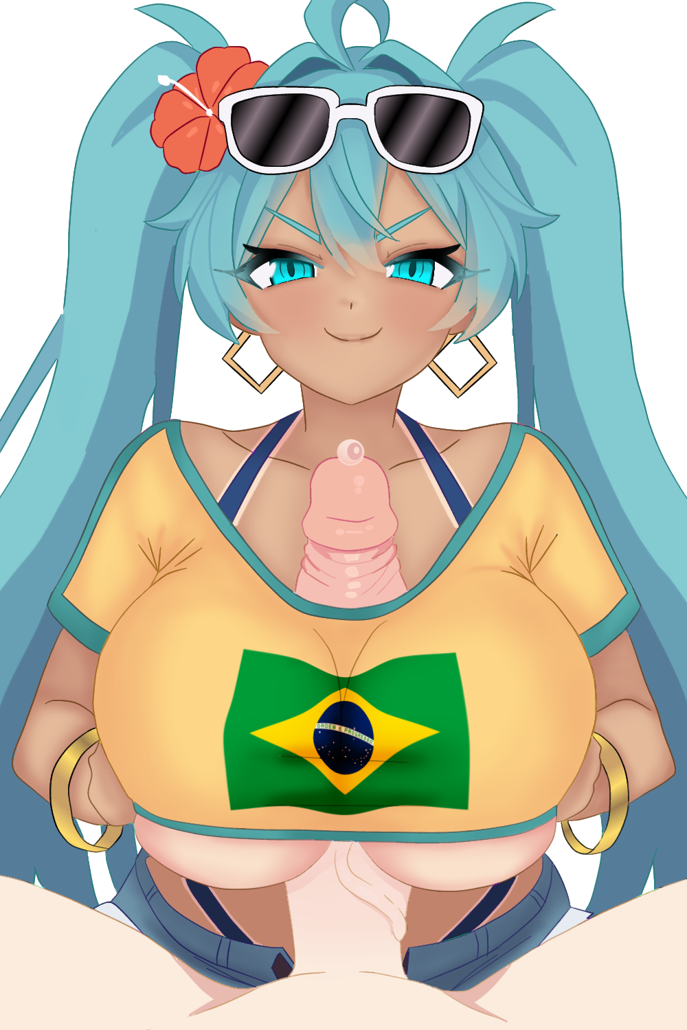1boy 1girls aqua_eyes aqua_hair boobjob bracelet bracelets brazil brazilian brazilian_flag brazilian_miku dark-skinned_female dark_skin earrings eyewear_on_head female flag gold_bracelet hair_flower hatsune_miku interracial large_breasts leepicmochi light-skinned_male looking_at_viewer male paizuri penis pov precum red_flower simple_background smug straight sunglasses sunglasses_on_head tan veiny_penis vocaloid white_background yellow_shirt