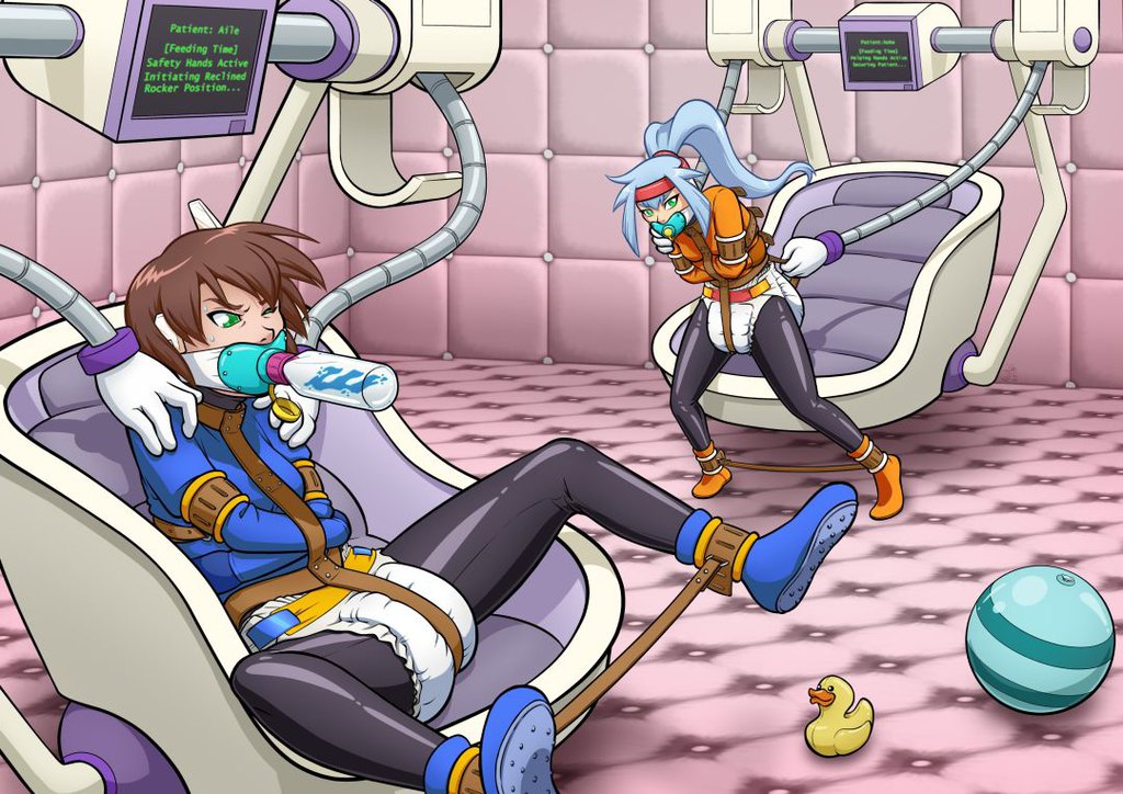 2girls, aile (mega man zx), ashe (megaman zx), asylum, bondage, booties, brown hair, crotch strap, cuff (restraint), diaper, force feeding, forced, gray hair, green eyes, latex, leggings, mechanical arm, pacifier, padded room, regression, restrained, straitjacket, straps, suichitanaka