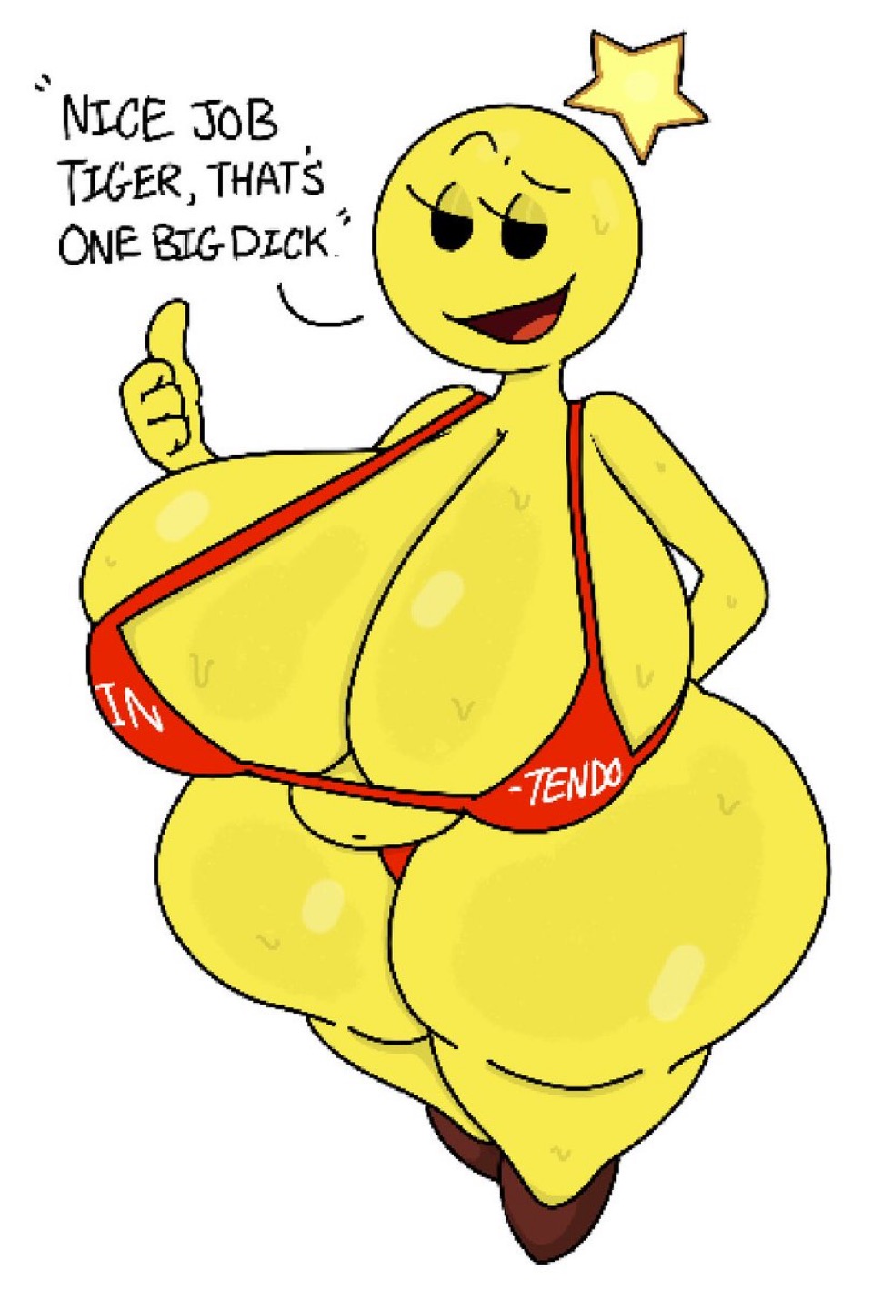 anthro, big breasts, breasts, breasts bigger than head, female, flying, huge breasts, humanoid, humanoid female, humanoid only, mario (series), mario and luigi (series), nintendo, red bikini, starlow, starlow with a body, theslashfive, thick thighs, twitter link, yellow body