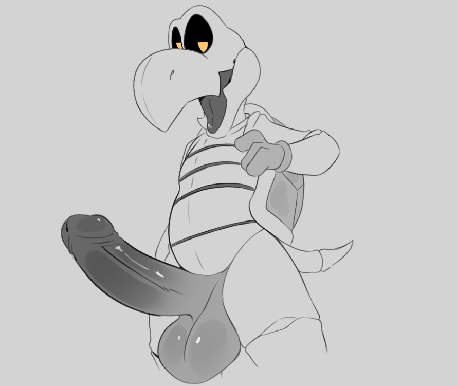 anthro balls big_balls big_penis black_sclera bone clothing cometdragonite dry_bones erection genitals gloves grey_background handwear humanoid_genitalia humanoid_penis koopa looking_at_viewer male mario_bros monochrome nintendo open_mouth penis scalie shell simple_background skeleton solo tongue yellow_eyes