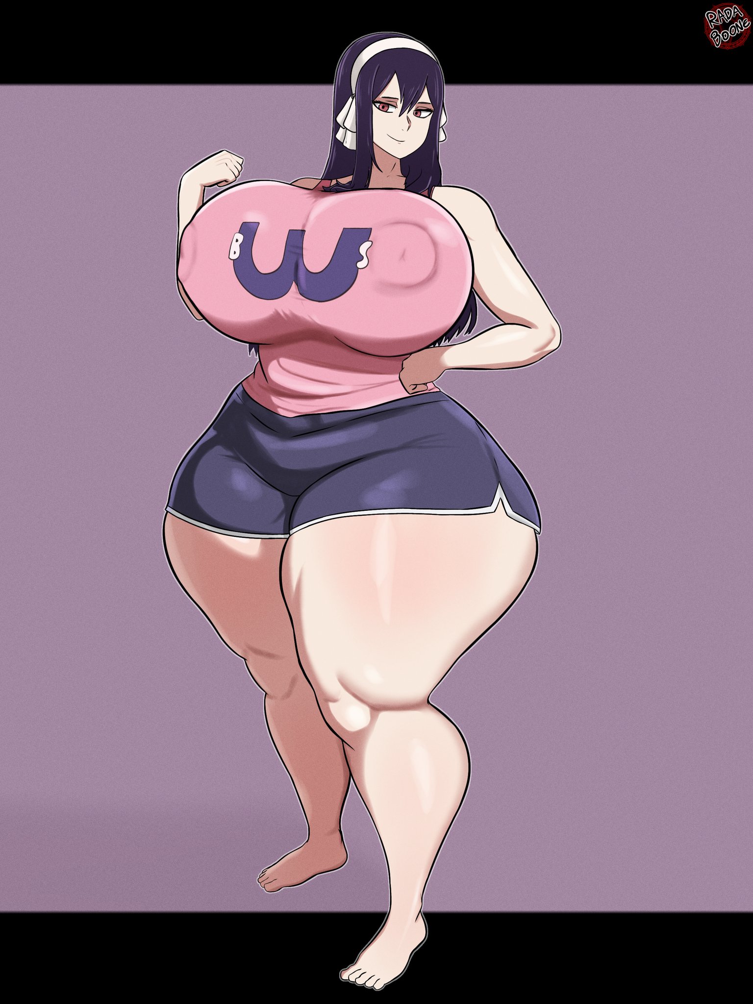 1girls, 2d, 2d (artwork), artist name, ass, bare shoulders, barefoot, bottomwear, breasts, bubble ass, bubble butt, child bearing hips, clothed female, clothing, curvaceous, curvaceous female, curvy female, curvy hips, erect nipples, erect nipples under clothes, fairy tail, female, female focus, female only, fit, fit female, hair ornament, hand on hip, hourglass figure, huge areolae, huge ass, huge breasts, huge nipples, large areolae, large ass, large breasts, large nipples, light skin, light-skinned female, looking at viewer, nipple bulge, nipples, nipples visible through clothing, pale skin, pale-skinned female, partially clothed, rada boone, skin tight, skindentation, sleeveless shirt, solo, solo female, solo focus, standing, thick thighs, tied hair, tight clothes, tight clothing, tight fit, toned, toned body, toned female, toned stomach, topwear, ultear milkovich, watermark, wide hips