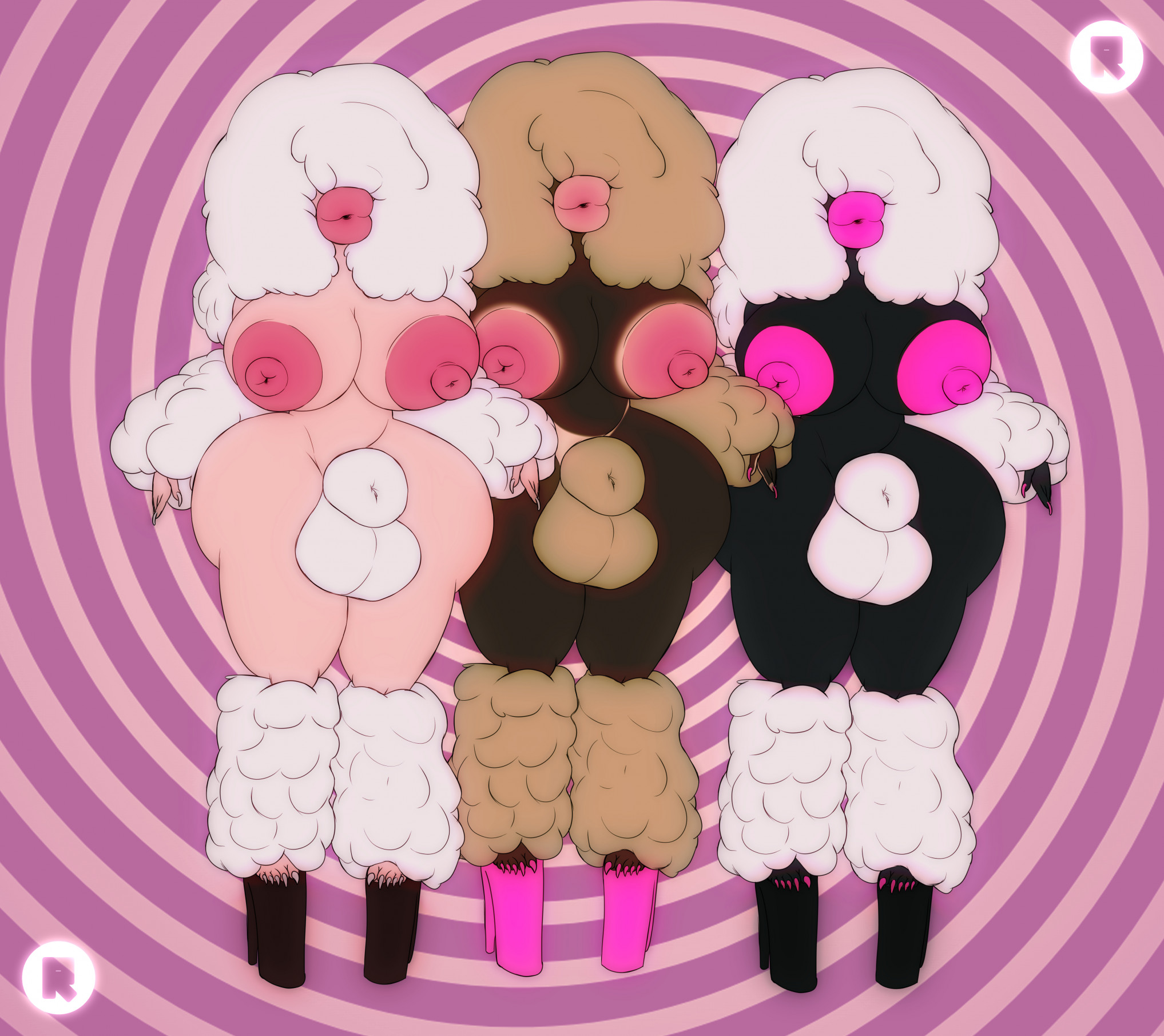 anthro, balls, breasts, claws, female, flaccid, flaccid penis, fluffy hair, huge breasts, hyper lips, male, nipples, penis, rabinov, thick lips, thick thighs, wide hips