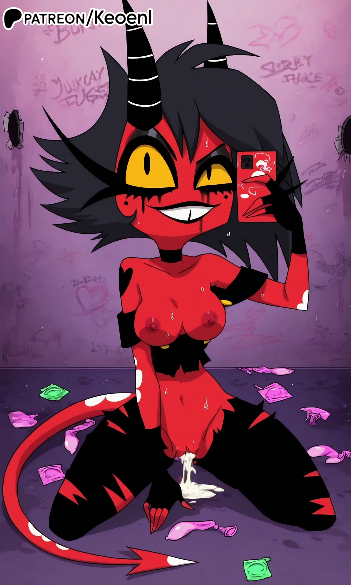1girls, accurate art style, after sex, ai generated, bathroom, big breasts, black eyes, black hair, breasts, colored skin, condom, condom balloon, condom filling, condom wrapper, cum, cum drip, cum in pussy, cum inside, demon, demon girl, demon horns, demon tail, exposed breasts, exposed pussy, female, female only, glory hole, glory wall, graffiti, graffiti on wall, happy, helluva boss, hi res, keoenl, looking at viewer, makeup, medium breasts, millie (helluva boss), nipples, patreon, phone, photo, public, public bathroom, public use, pussy, pussy juice, red body, red skin, ruined makeup, short hair, squatting, thighhighs, thighs, torn clothes, torn clothing, used condom, yellow sclera