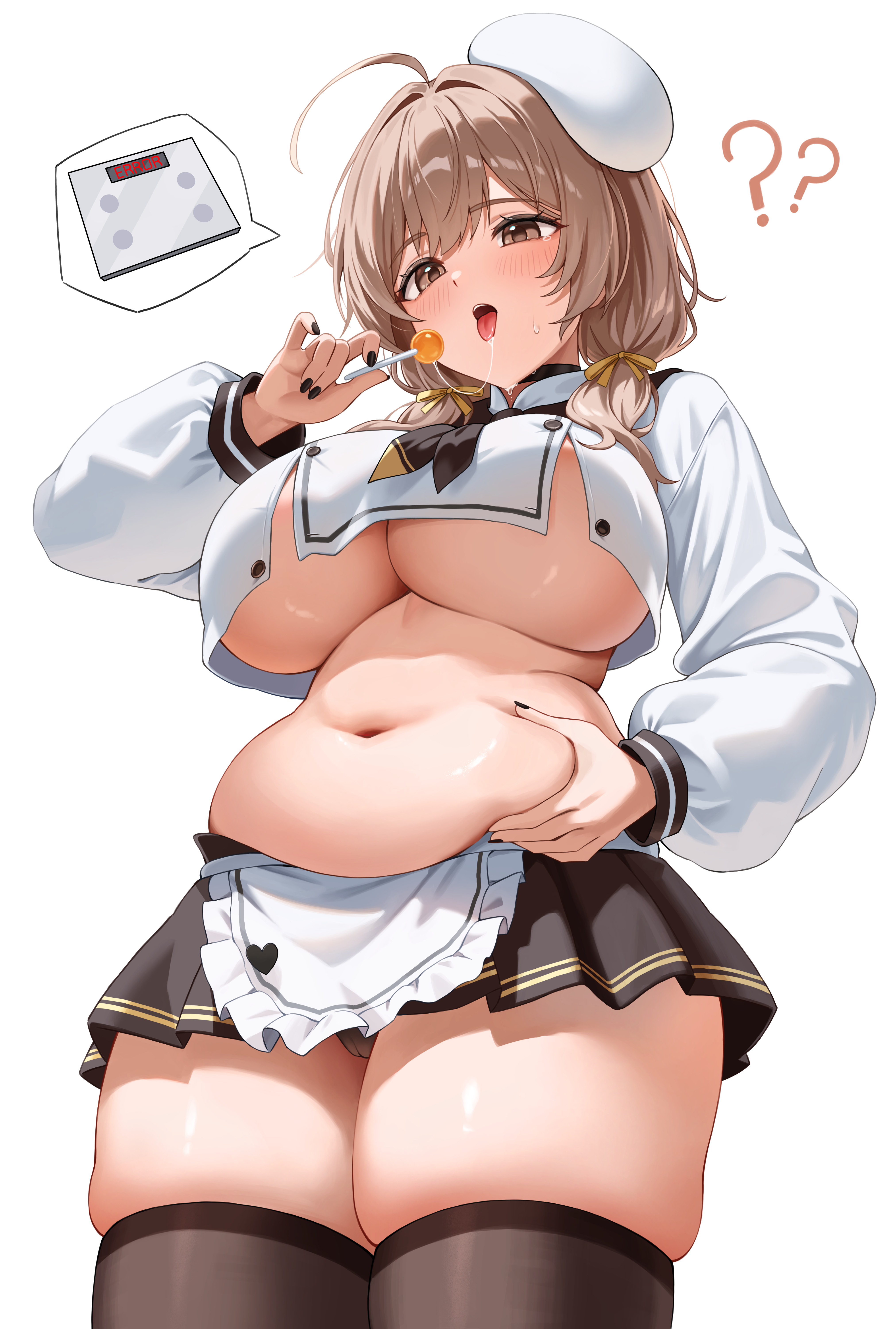 ??, belly, belly overhang, black nails, bready (nikke), breasts, candy, chubby, chubby female, error, fat, female, goddess of victory: nikke, grabbing own belly, holding food, huge breasts, lollipop, overweight, overweight female, skindentation, spillage, standing, standing on weighing scale, thick thighs, weighing scale, weighing self, wide hips