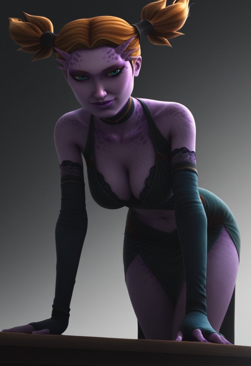2d ai_generated alien alien_girl alien_humanoid bare_shoulders bent_over big_breasts breasts choker cleavage clone_wars clothed clothed_female clothing color cutout cutout_dress dress duchess_eugene eyelashes female female_only fingerless_gloves front_view fully_clothed gloves green_dress grey_background hair halterneck happy lace lace-trimmed_gloves lace_trim latts_razzi leaning leaning_forward lips long_dress long_gloves long_skirt looking_at_viewer markings midriff navel neckwear pink_body pink_skin red_hair skirt sleeveless sleeveless_dress slit_skirt smile solo stable_diffusion standing star_wars table theelin tied_hair turquoise_eyes twintails