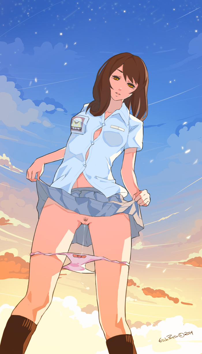 1girls brown_eyes brown_hair ecchi_pantsu female highres human original outdoors panties panty_pull pubic_hair pussy pussy_juice school_uniform shirt skirt skirt_lift sky solo standing text uncensored underwear wet