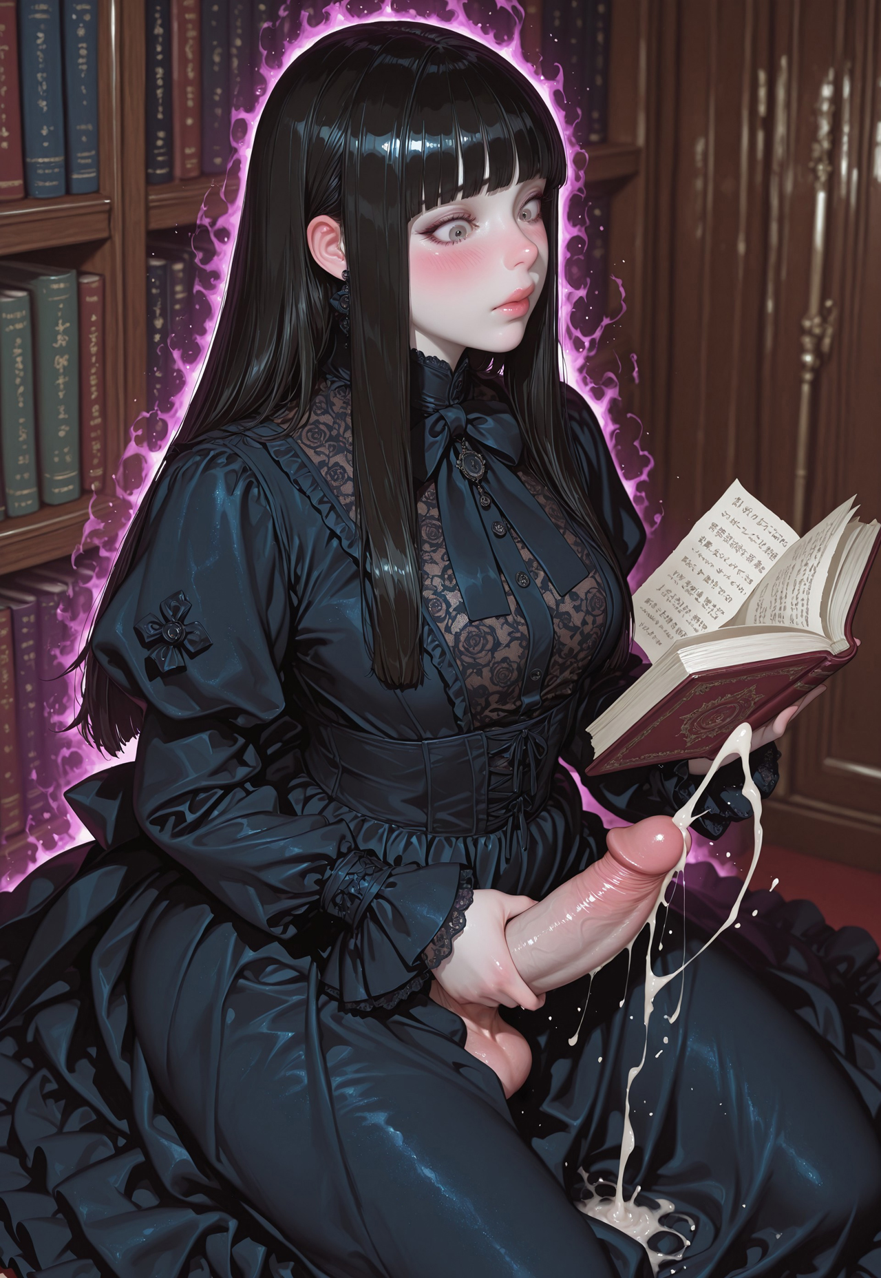 1girls, ai generated, amaranthine, blush, book, civitai, cumshot, curse, dark hair, ejaculation, embarrassed, embarrassed female, excessive cum, female, futa transformation, futanari, goth girl, heiress of the hidden halls, hime cut, intersex, kneeling, library, magic aura, magic penis, masturbation, pale skin, penis, reading book, shy, transformation, unexpected cumshot, unexpected transformation, victorian dress