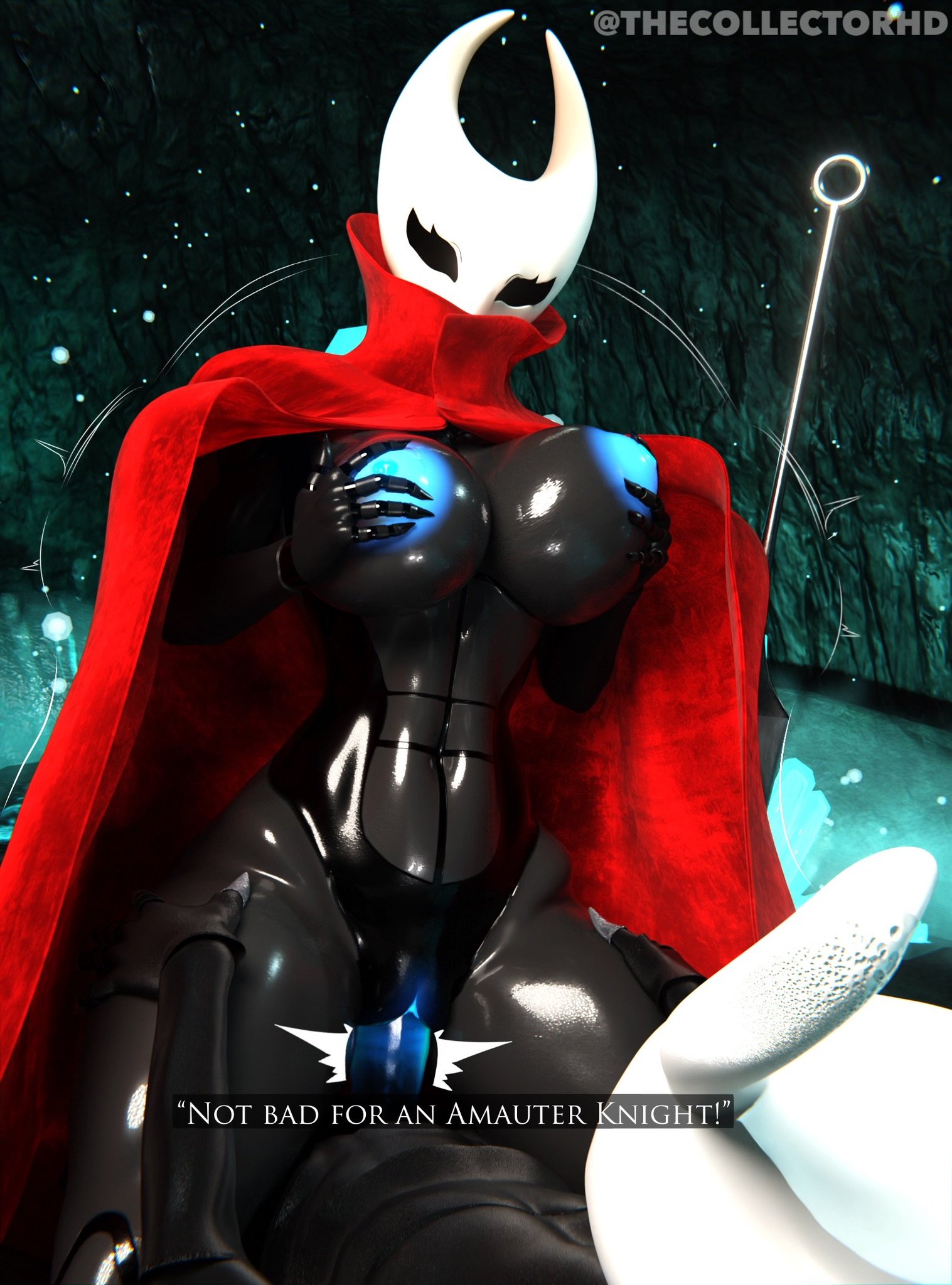 3d, 3d (artwork), big breasts, big penis, breasts, bug, bug girl, bugs, cloak, cloak only, cowgirl position, female, fondling, fondling own breast, hands on hips, hollow knight, hornet (hollow knight), hourglass figure, hourglass figured female, huge breasts, looking down, looking down at partner, male, mask, masked, masked female, movement lines, oily, oily body, oily skin, penis, pussy, shiny, shiny skin, talking to partner, text, text box, the collectorhd, the knight (hollow knight), vaginal penetration, voluptuous, voluptuous female, watermark