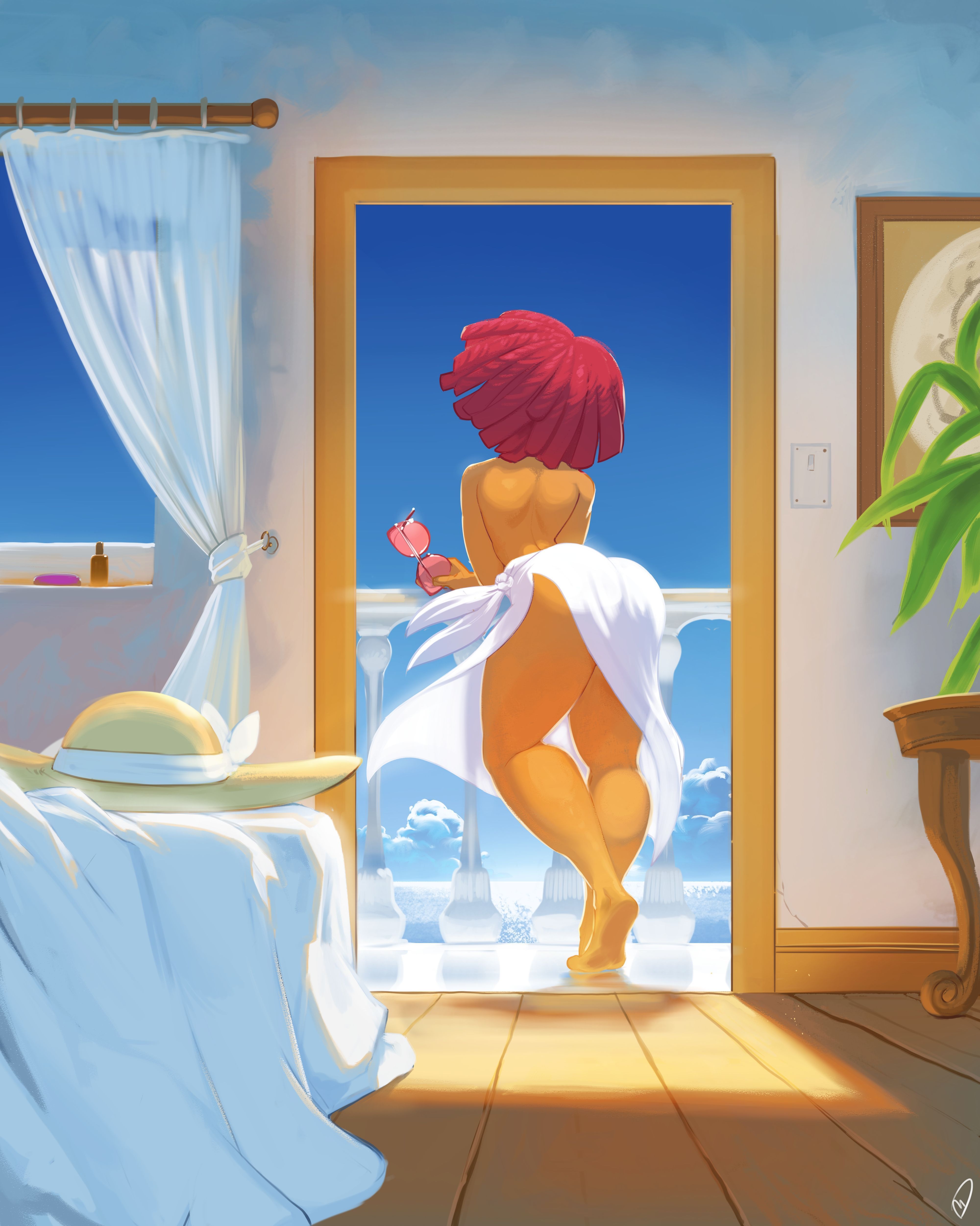 1girls, ass, ass focus, balcony, barefoot, bed, casual, clothing, dark skin, female, glitch productions, hat, human, looking outside, megadraws24, nonsexual, nonsexual nudity, orange skin, ragatha, ragatha (tadc), ragatha (the amazing digital circus), railing, red hair, sarong, short hair, side slit, solo, summer, sunglasses, sunglasses removed, the amazing digital circus, thighs, topless, topless female