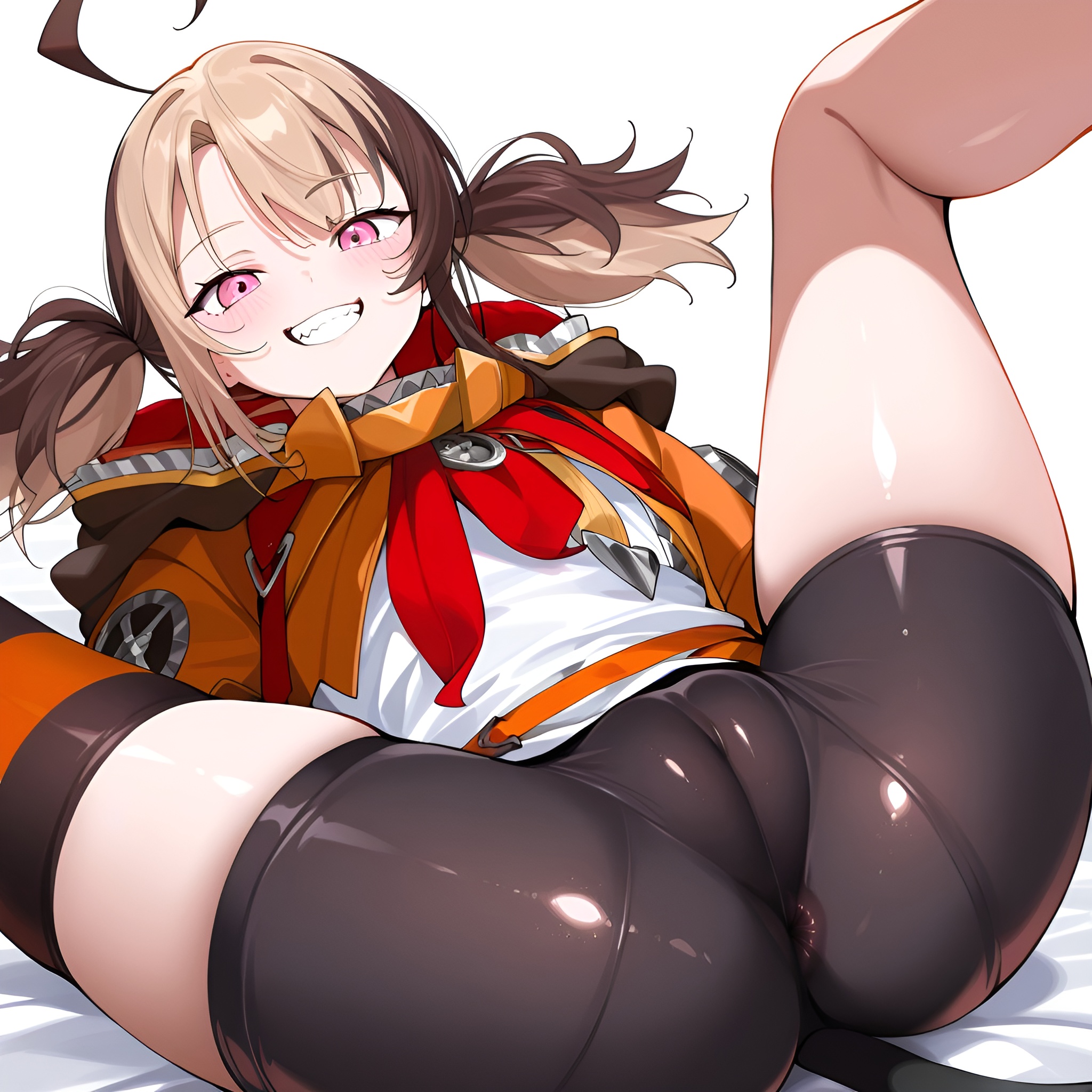 ai generated, anus visible through clothes, arbitrary, cameltoe, cleft of venus, female, gigi murin, hololive, hololive english, hololive english -justice-, legs up, lying on back, puffy pussy, puffy vulva, pussy, pussy outline, pussy visible through clothes, short twintails, shorts, spread legs, teeth, virtual youtuber, vtuber