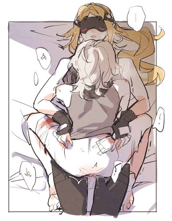 2girls barefoot black_gloves blindfold blonde_hair blush cowgirl_position female fingerless_gloves gloves long_hair lying multiple_girls on_back on_bed parted_lips pussy_juice rekka soldier_11_(zenless_zone_zero) speech_bubble trigger_(zenless_zone_zero) white_hair yuri zenless_zone_zero