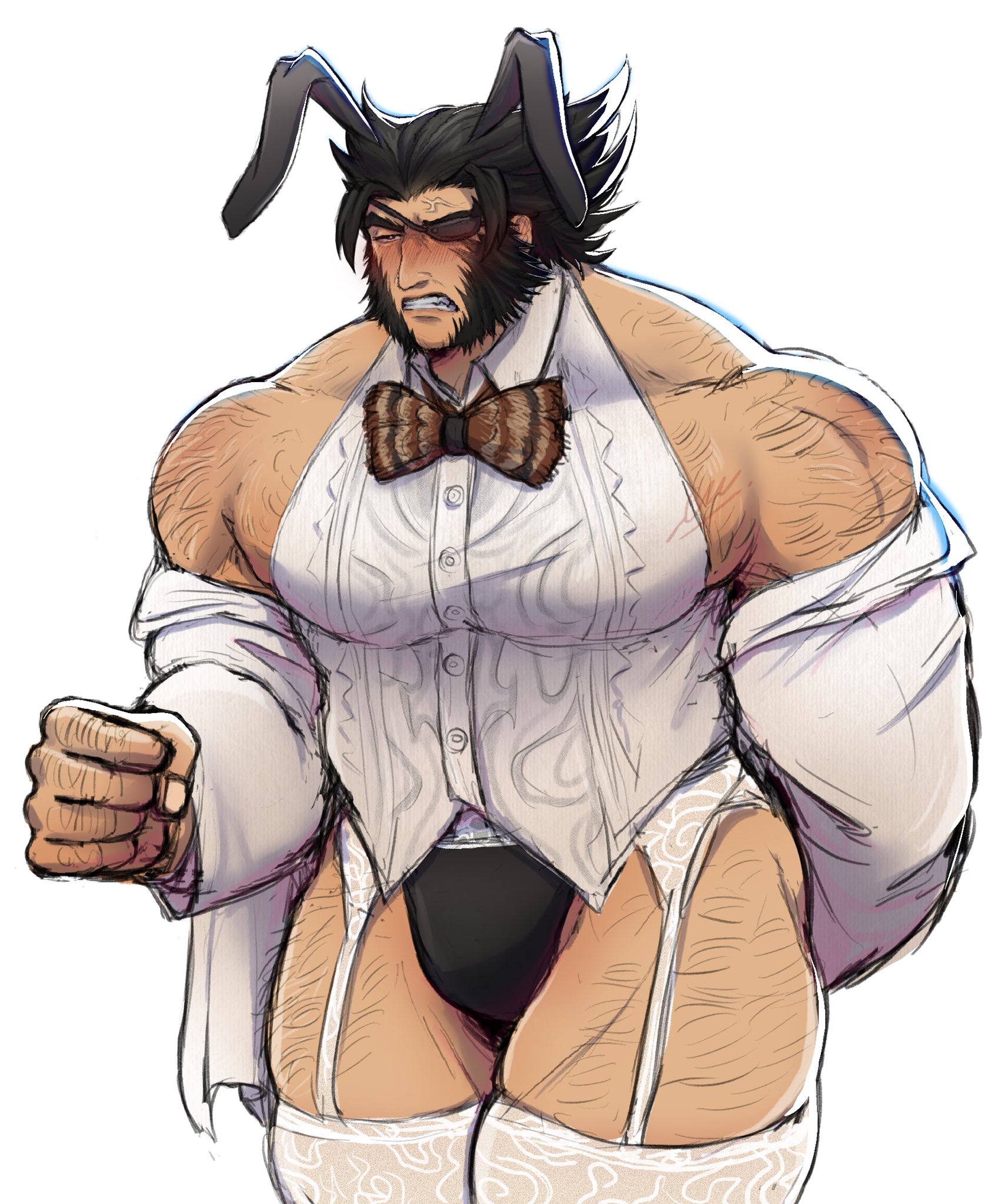 1boy, adapted costume, baimonbluewhale, bara, black hair, blush, eyepatch, garter belt, gay, hairy, hairy femboy, hairy male, james howlett, leg hair, lingerie, logan (x-men), male, male only, marvel, marvel comics, marvel rivals, masculine crossdresser, muscular, muscular male, panties, patch (wolverine), rabbit ears, short hair, solo, thick thighs, thighhighs, thighs, undressing, vest, wolverine (marvel rivals), wolverine (x-men), x-men, yaoi