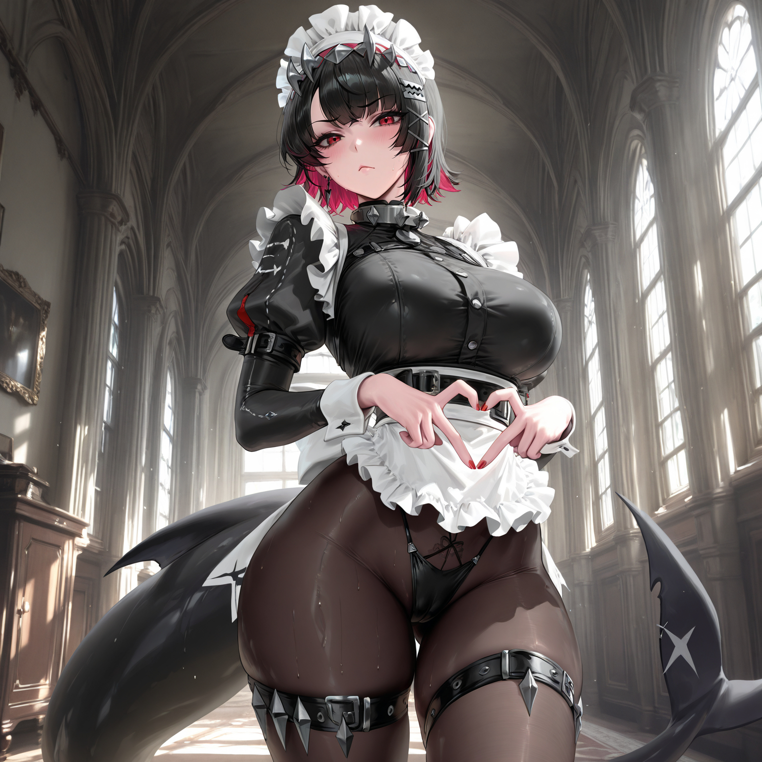 1girls, absurd res, ai generated, bodystocking, breasts, ellen joe, female, finger heart, fish girl, fish tail, heart hands, hoyoverse, large breasts, liu (artist), looking at viewer, maid, maid headdress, maid uniform, panties under pantyhose, pantyhose, shark girl, shark tail, solo, solo focus, stockings, sweat, thick thighs, voluptuous, voluptuous female, wide hips, zenless zone zero