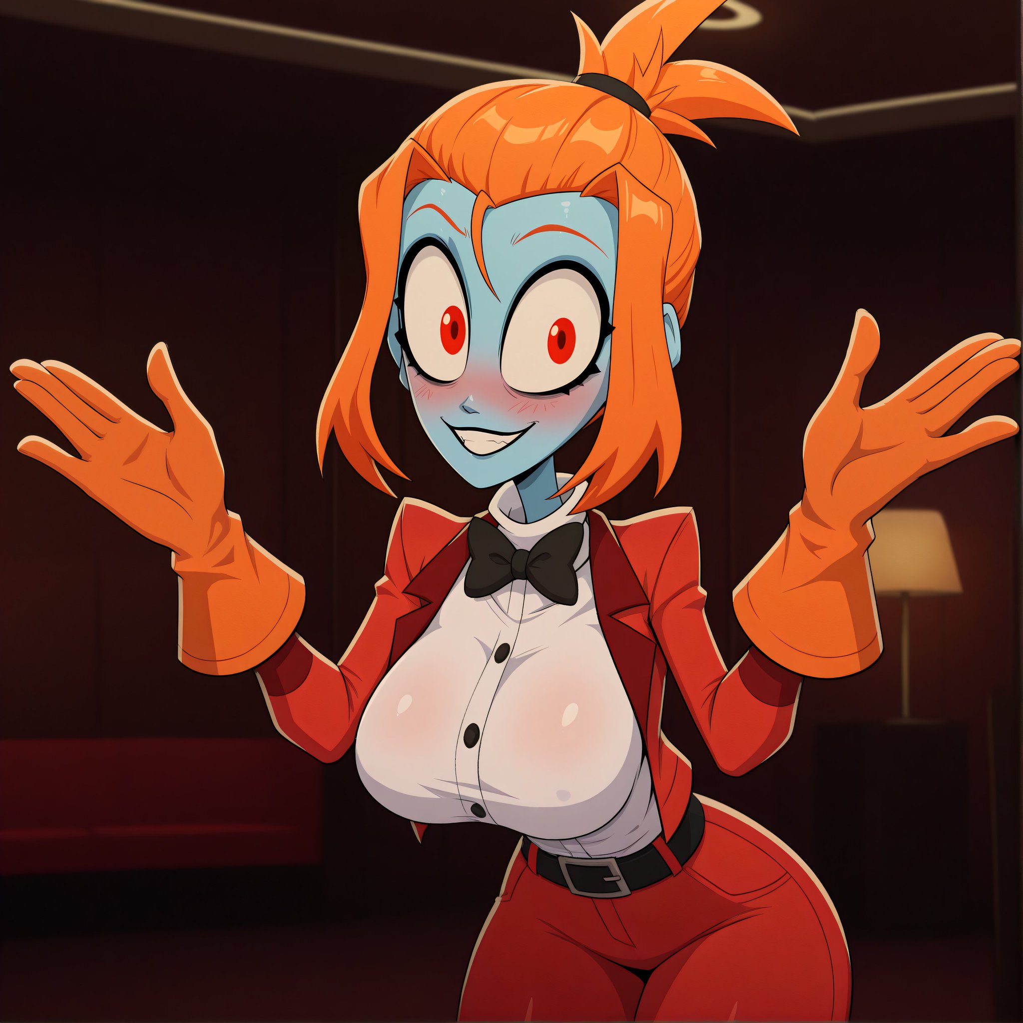 ai generated, blue body, blush, breasts, charlie morningstar (cosplay), charlie morningstar (hazbin hotel), cosplay, crossover, cute, dress, female, gloves, hazbin hotel, lustful mind, melancholy (the gaslight district), melancholy hill, orange hair, red eyes, sexy, suit, the gaslight district
