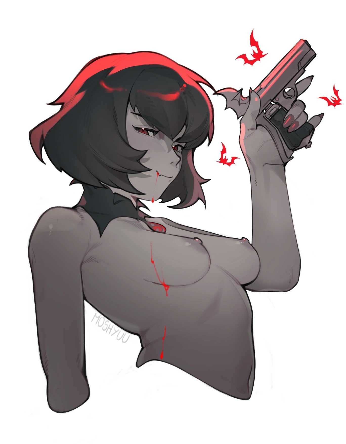1girls, 2026, bats, black hair, blood, bob cut, breasts, deadlock, female, female only, gun, hi res, mina (deadlock), mina ha, moshyuu, necklace, perky breasts, red eyes, short hair, vampire, vampire girl