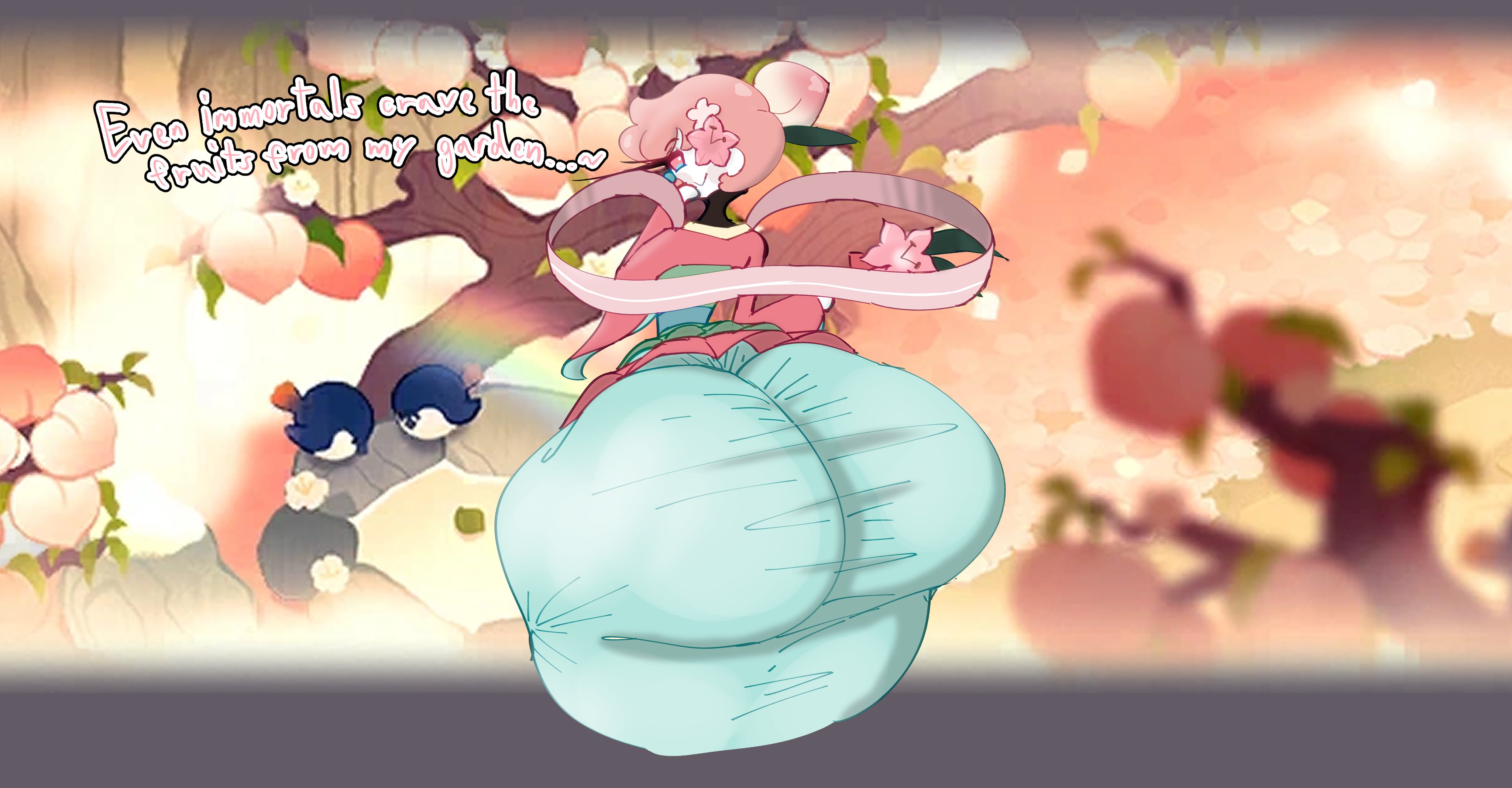1boy, ass, big ass, cookie run, cookie run kingdom, detailed background, femboy, huge ass, looking at viewer, looking back, male, male only, one cryptid, peach, peach (fruit), peach blossom cookie, pink hair