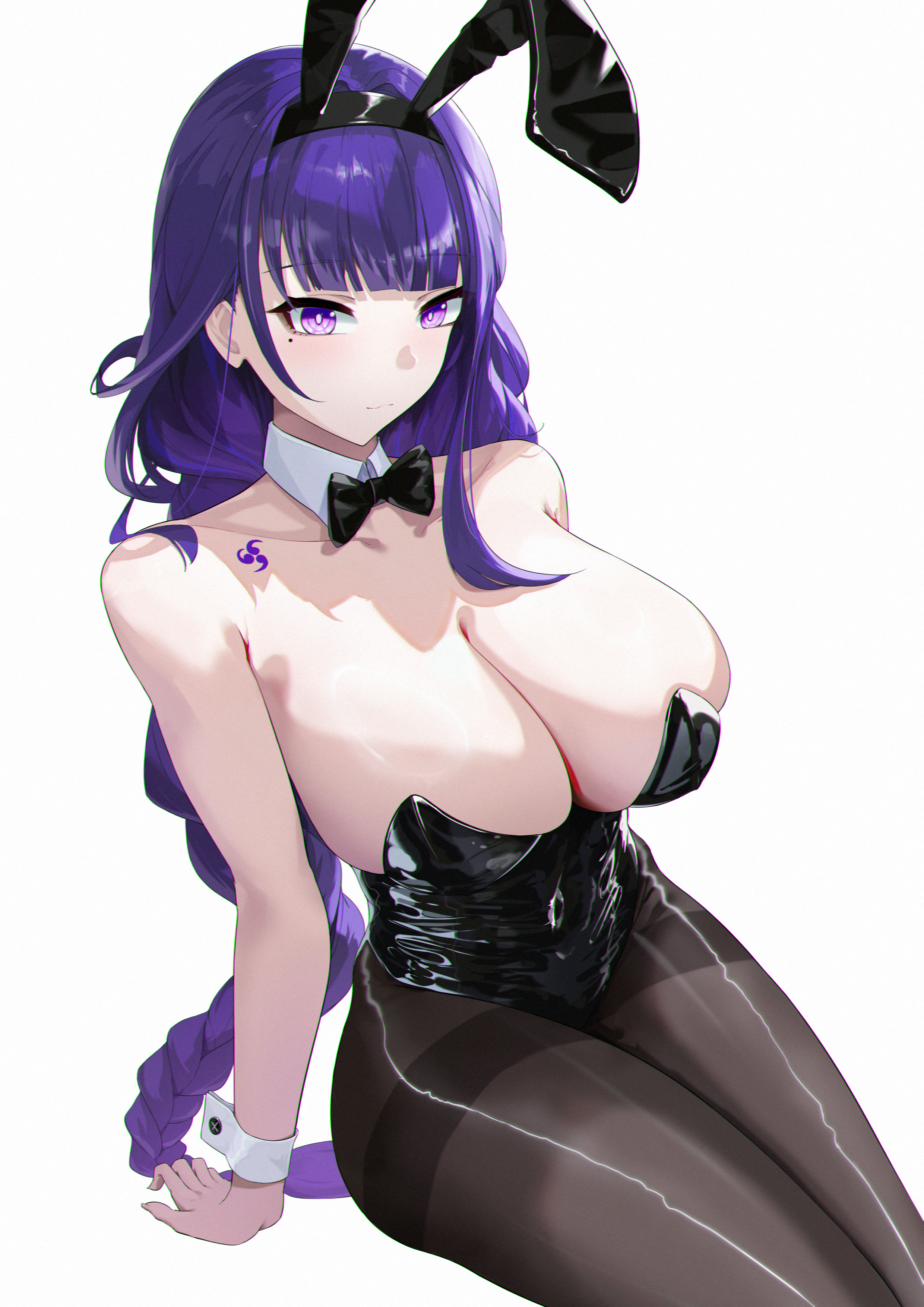 absurdres, alternate breast size, alternate costume, animal ear hairband, animal ears, bare shoulders, black bow, black bowtie, black leotard, black pantyhose, bow, bowtie, breasts, closed mouth, collar, collarbone, commentary, covered navel, detached collar, fake animal ears, female, female only, genshin impact, hairband, highres, large breasts, leotard, lilin (pixiv 25958194), looking at viewer, mitsudomoe (shape), mole, mole under eye, pantyhose, purple eyes, purple hair, rabbit ear hairband, rabbit ears, raiden shogun, shoulder tattoo, simple background, solo, strapless, strapless leotard, tattoo, thighband pantyhose, tomoe (symbol), white background, white collar, white wrist cuffs, wrist cuffs