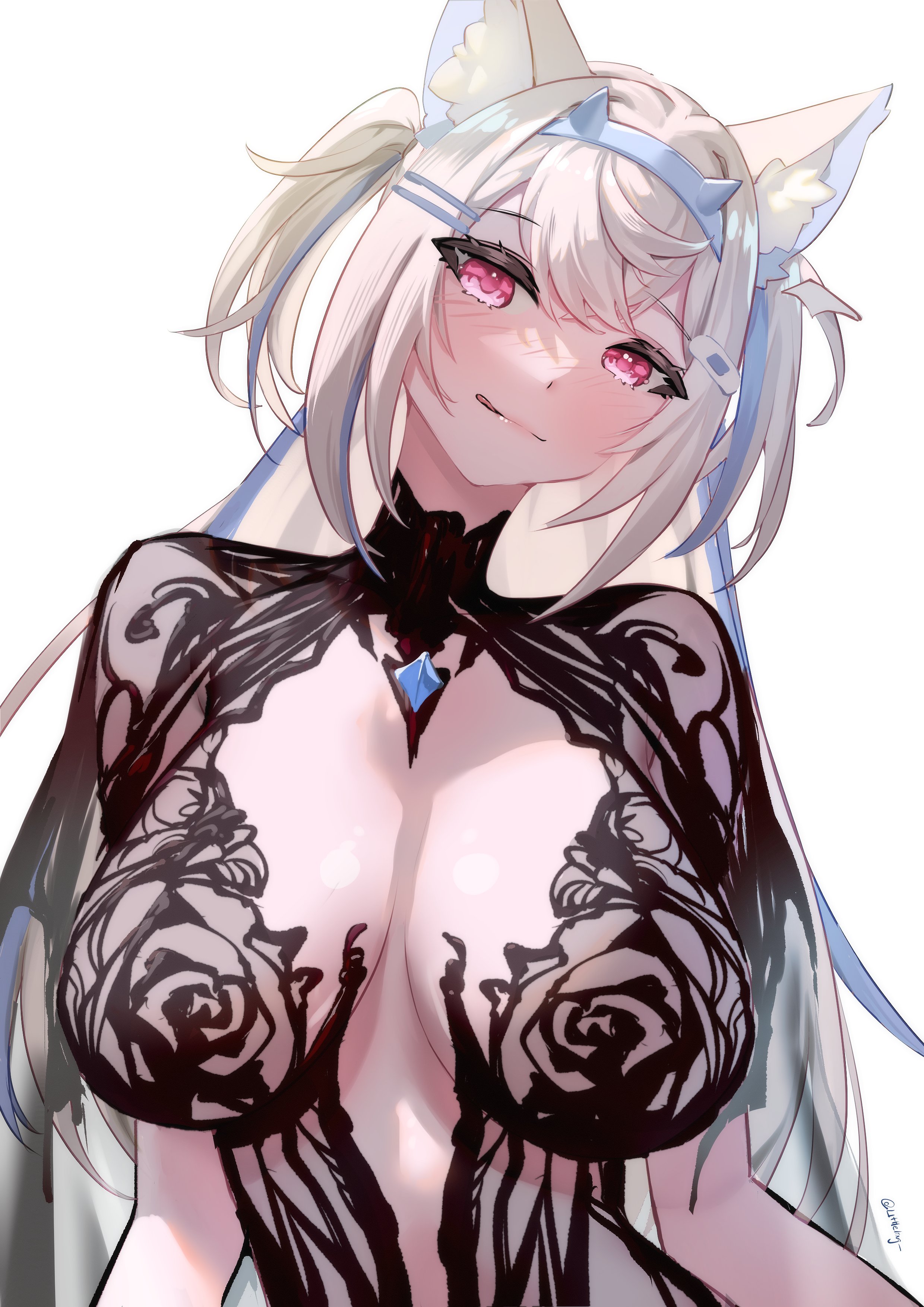 1girls, absurdres, alternate costume, animal ear fluff, animal ears, bandaid, bandaid hair ornament, black dress, blonde hair, blue hair, blue hairband, breasts, chronopattern dress, closed mouth, dog ears, dog girl, dress, female, female only, fuwawa abyssgard, hair ornament, hairband, highres, hololive, hololive english, hololive english -advent-, horn hairband, large breasts, light skin, light-skinned female, littleling, long hair, multicolored hair, pink eyes, simple background, solo, streaked hair, two side up, virtual youtuber, white background