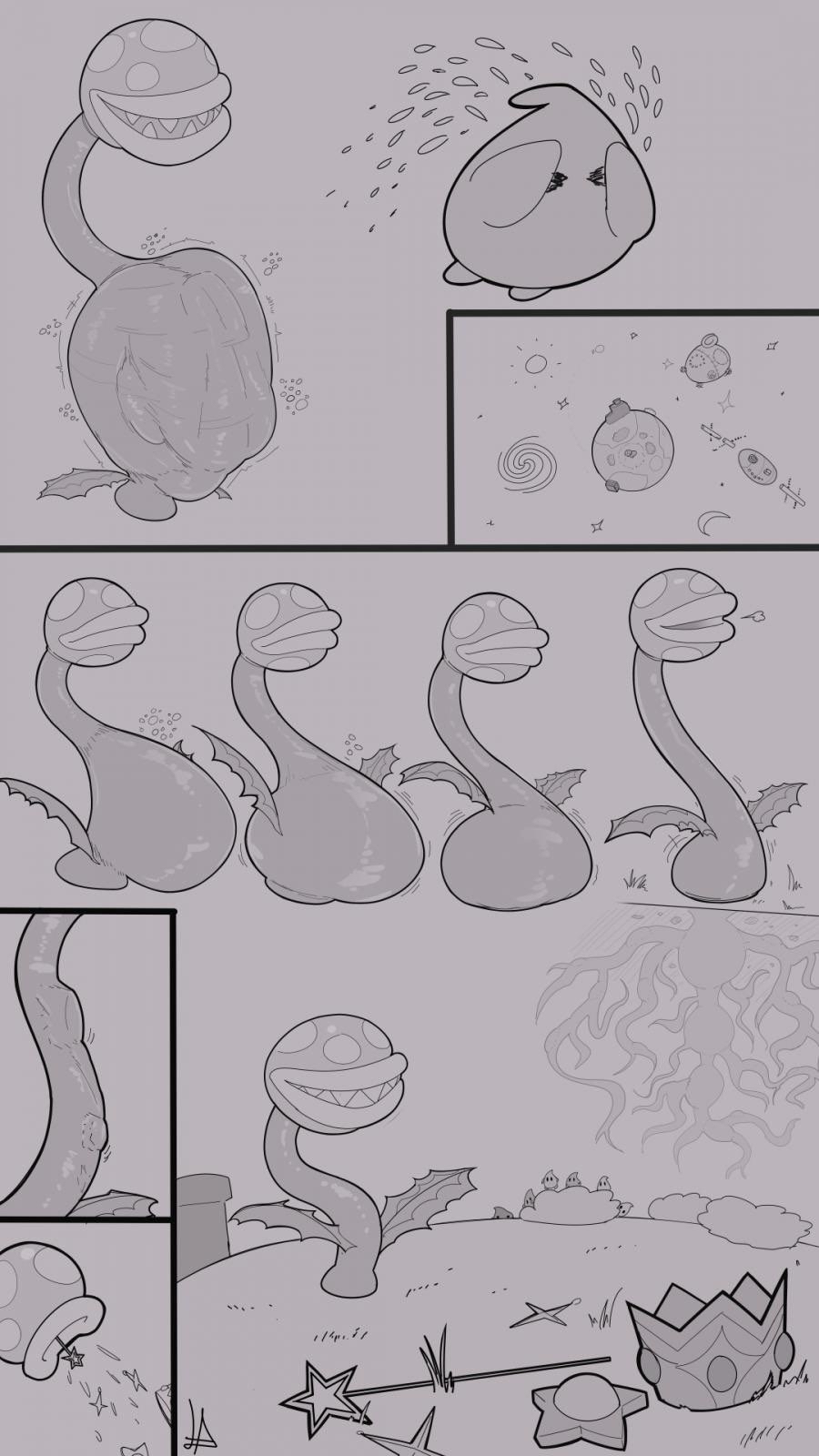 1girls, 1other, ambiguous gender, burping up items, burping up object, crying, death, digestion, digestion sequence, fatal vore, female, female death, implied death, lampton, luma, mario (series), piranha plant, plant vore, princess rosalina, stomach bulge, tagme, vore, worried, worried expression