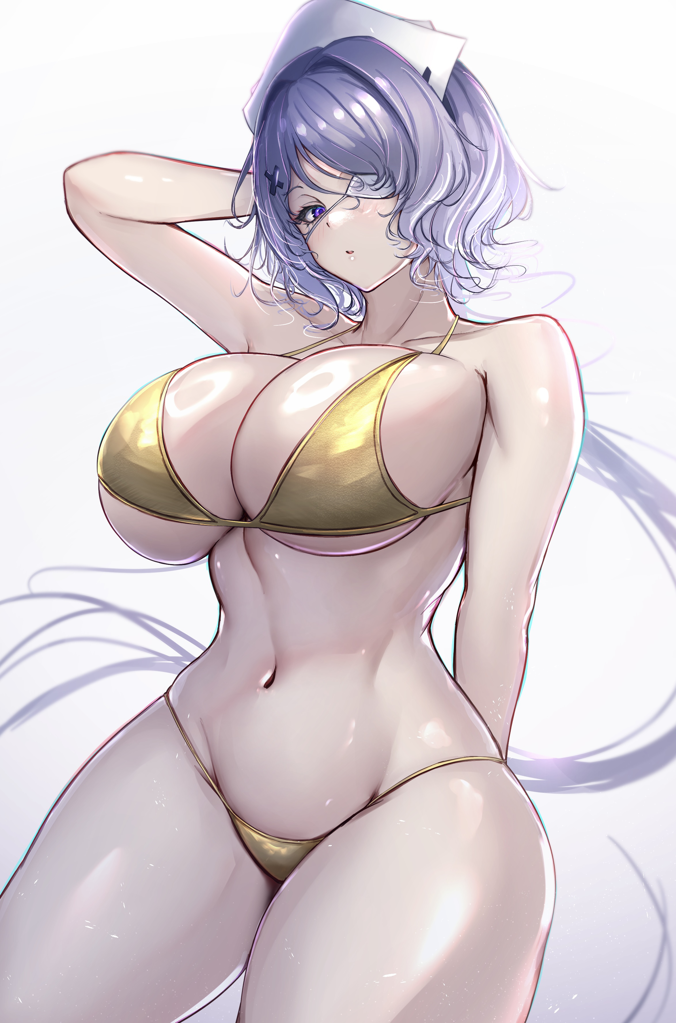 absurdres, alternate costume, arknights, arm behind head, arm up, bikini, breasts, cleavage, cowboy shot, eyepatch, female, gold bikini, golden week, hair ornament, hat, highres, large breasts, long hair, looking at viewer, navel, nurse cap, open mouth, poni (poni arknights), purple eyes, purple hair, shiny skin, simple background, solo, stomach, swimsuit, thick thighs, thighs, whisperain (arknights), white background, white hat, x hair ornament