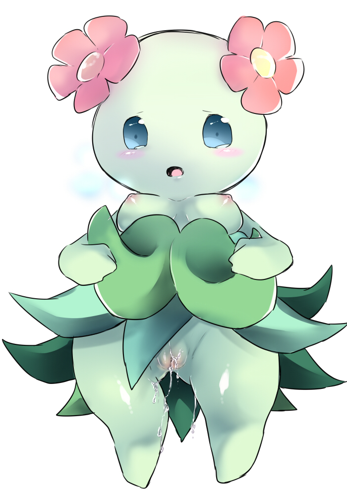 bellossom big_thighs blue_eyes blush breasts female fjnm000 flora_fauna flower flower_on_head knjknj looking_at_viewer nintendo plain_background plantie pokemon pussy pussy_juice skirt skirt_lift solo source_request standing video_games white_background