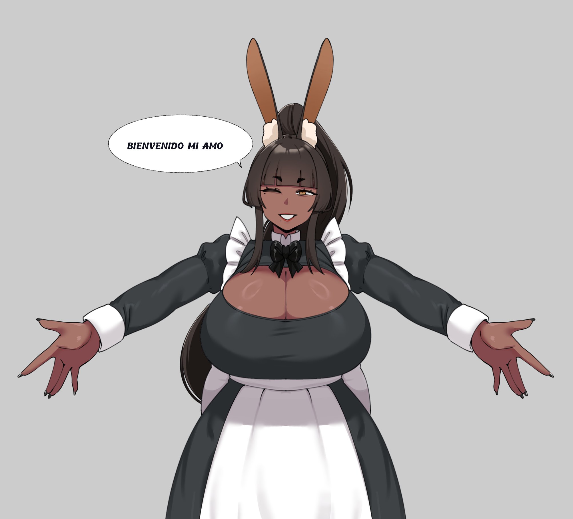 big breasts, big thighs, big titties, black hair, breasts, brown skin, bunny ears, choco (wozzu1), clothing, curvaceous, curvaceous female, curvaceous figure, curvy, curvy figure, curvy hips, female, female focus, female only, inviting to hug, long hair, looking at viewer, maid, maid headdress, maid uniform, original, original character, spanish text, talking to viewer, text, wholesome, wozzu1