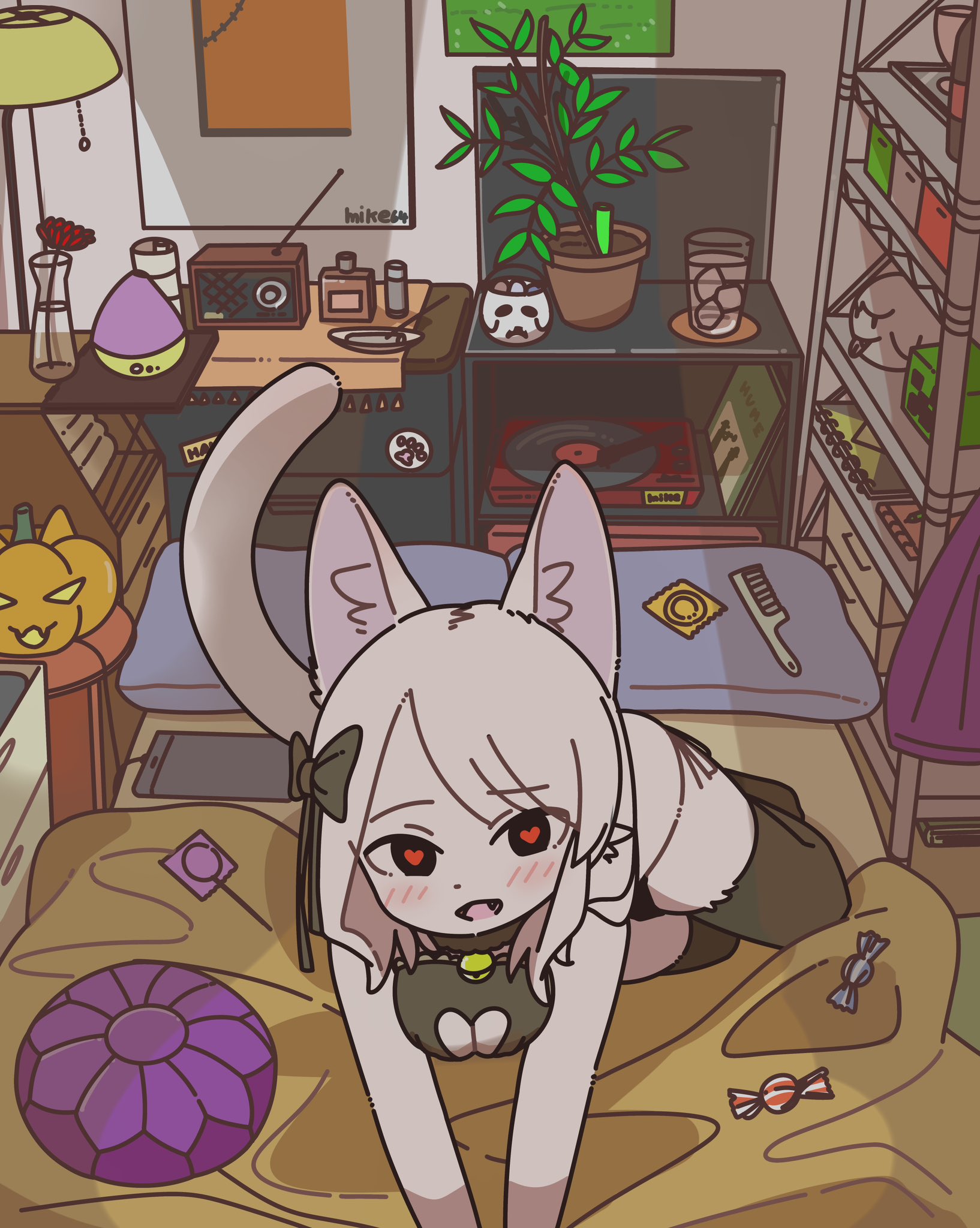 1girls, black panties, blush, boo (mario), condom, creeper, creeper (minecraft), doremifaso64, female, furry, heart eyes, heart-shaped pupils, jack-o'-lantern, kemono, looking at viewer, mario (series), minecraft, mojang, nintendo, pumpkin, sexy clothing, solo