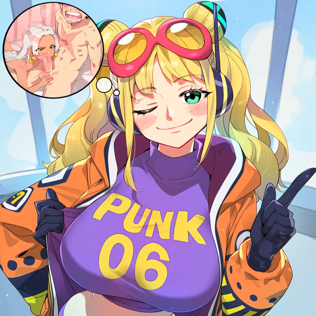 ai generated, big breasts, big penis, blonde hair, blonde-haired female, blowjob, breasts, clothing, darklust, female, huge breasts, male, monkey d luffy, one piece, penis, s-snake (one piece), scar, seraphim (one piece), smile, vegapunk york, white hair
